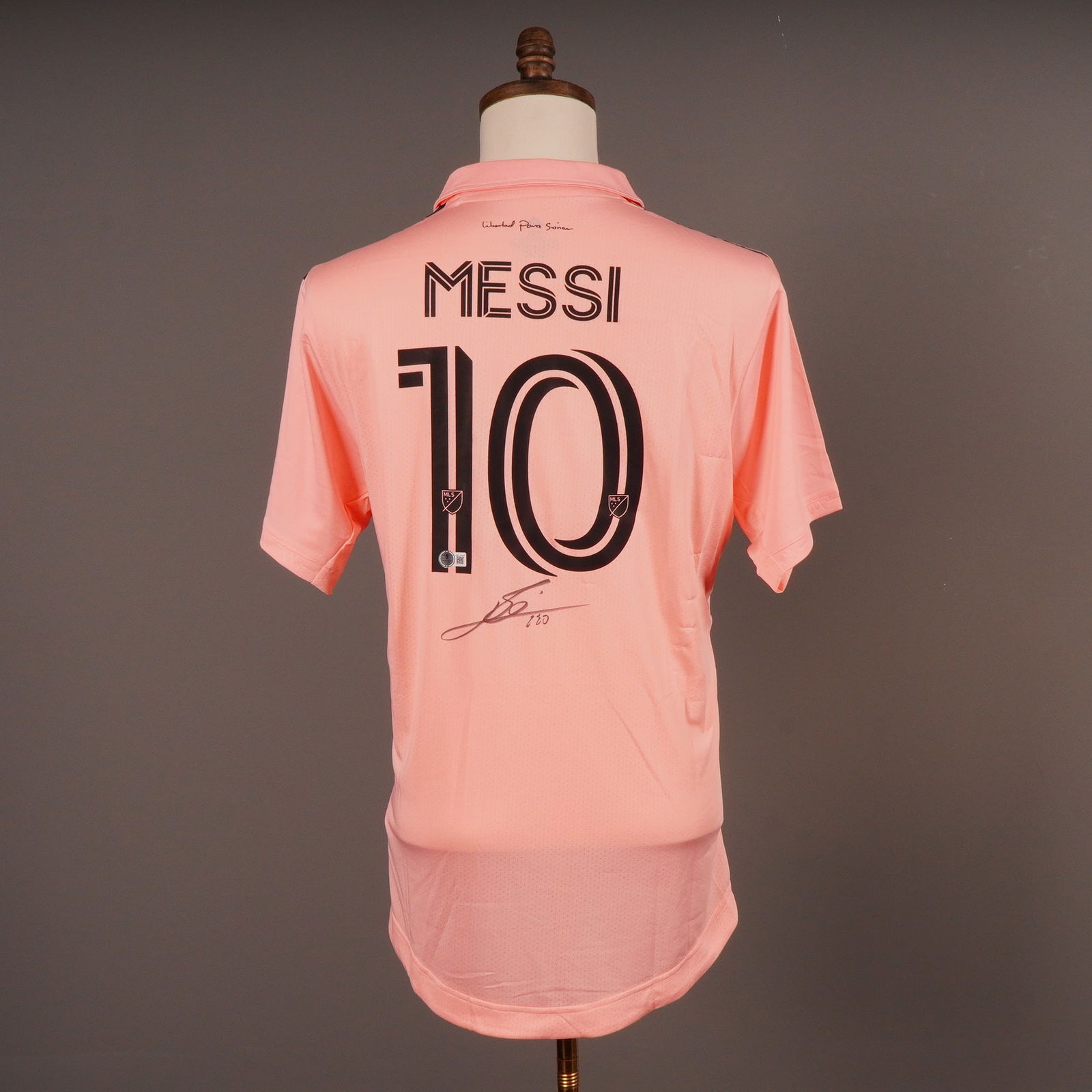 Lionel Messi Autographed Inter Miami CF Pink Adidas Jersey Inscribed Leo: An authentic licensed Lionel Messi autographed Inter Miami CF pink Adidas AEROREADY jersey. The garment is constructed of pink synthetic knit fabric and features the club crest (CLUB INTERNACIONAL DE