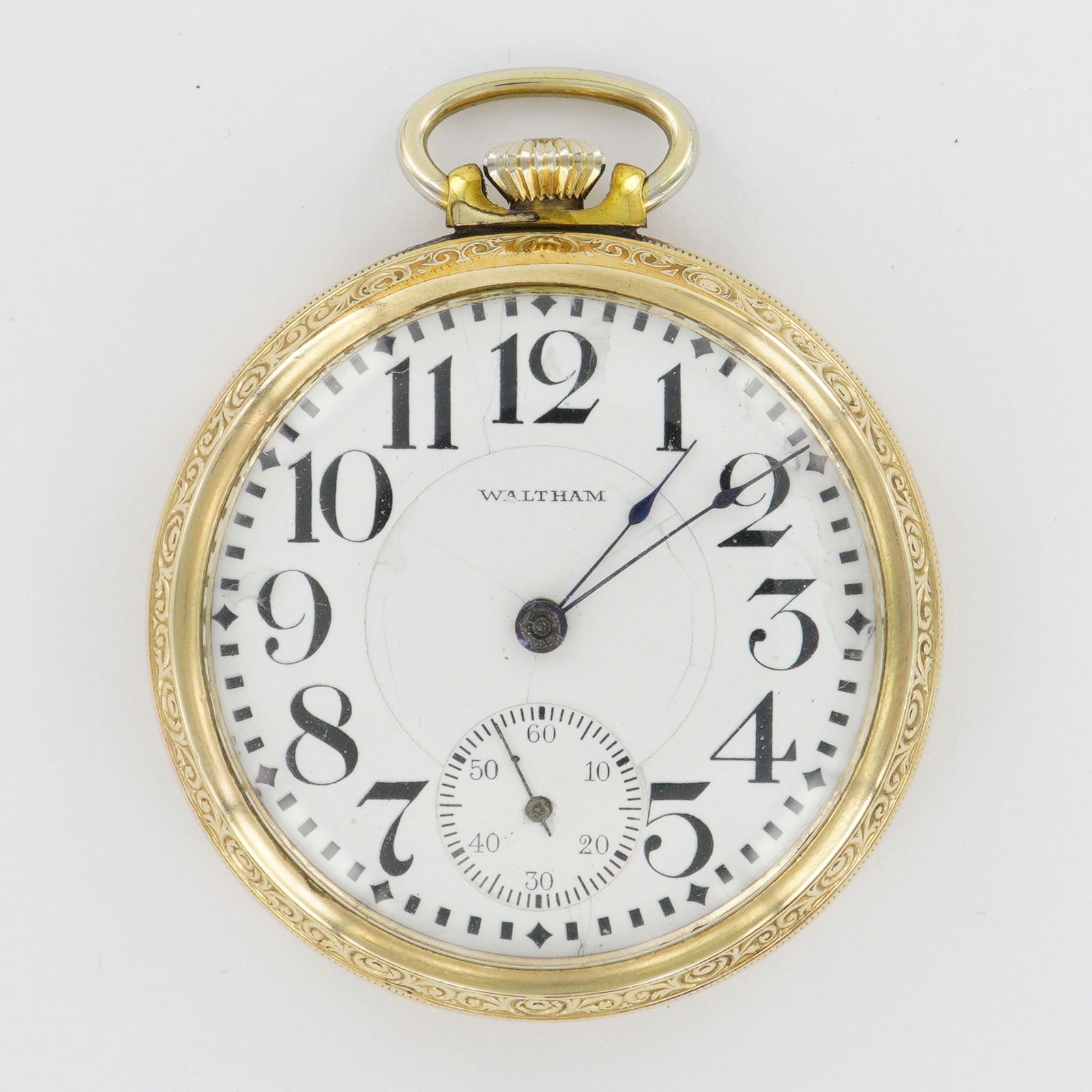 Waltham Watch Co. Crescent St. Railroad Grade 16S Gold Filled Pocket Watch: This Waltham Crescent St. railroad grade pocket watch features a bold white dial with black Arabic numerals, a sub-second dial at 6 o'clock, and blued steel hands. The case is a Keystone J. Boss,