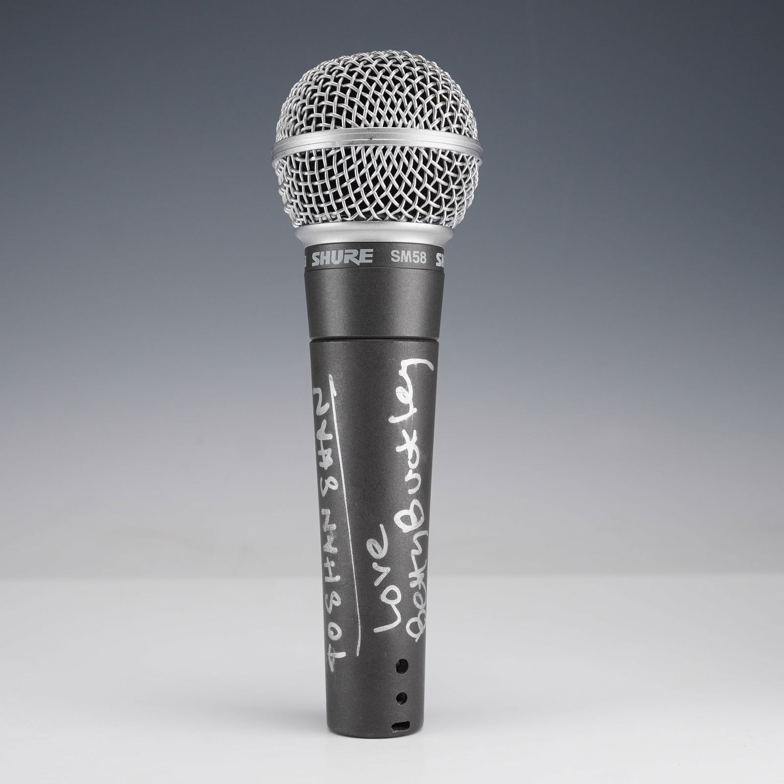 Betty Buckley Autographed Shure SM58 Microphone: Black Shure SM58 handheld microphone inscribed in silver marker "To Shan Shan Love Betty Buckley." The Tony Award winning star of Cats and acclaimed stage and screen performer signed the piece across