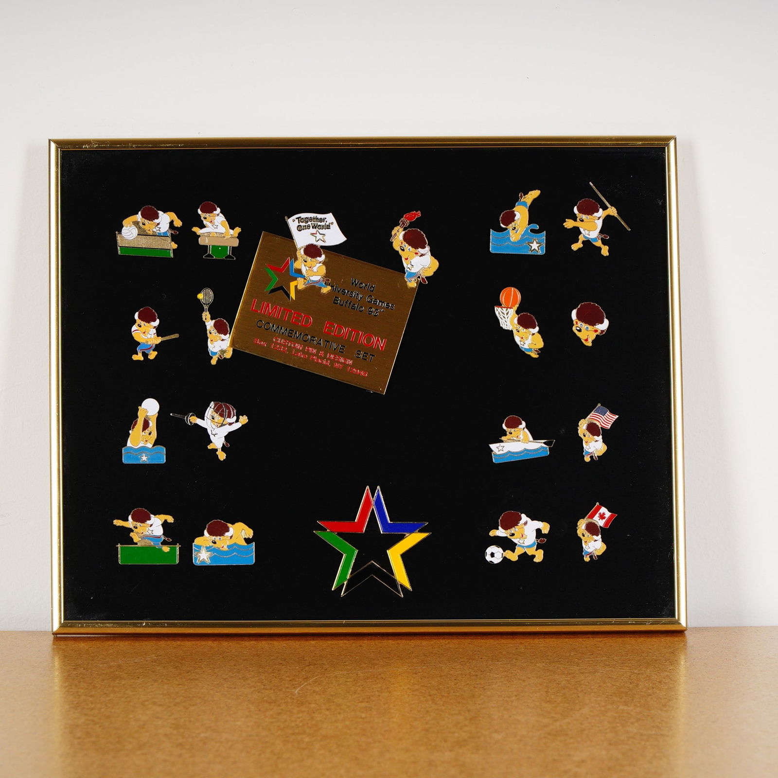 World University Games Buffalo 93 Limited Edition Commemorative Pin Set: A collection of enamel pins from the World University Games, held in Buffalo, New York in 1993. This limited edition commemorative set, designed by Custom Pin & Design of Lake Placid, New York,