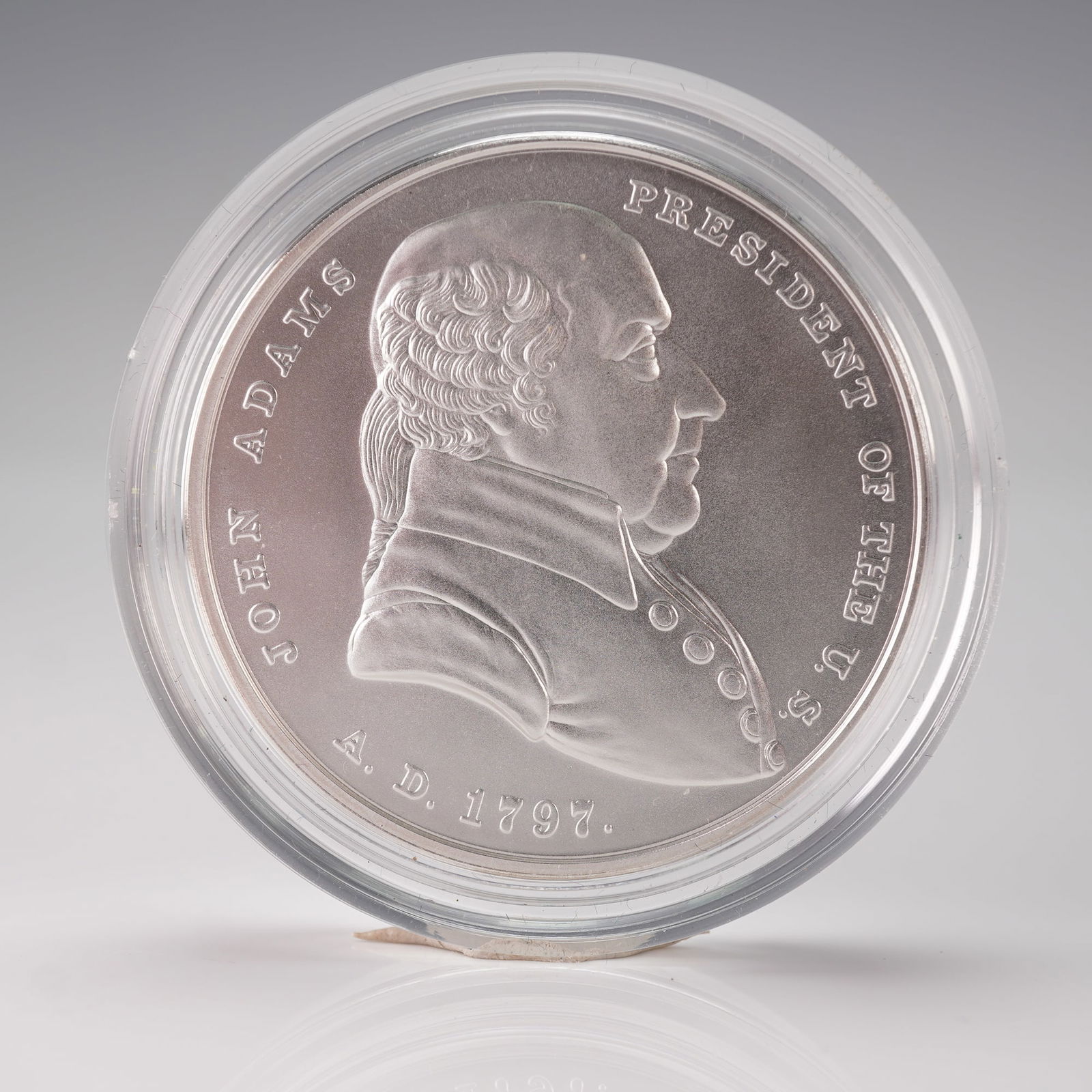 US John Adams Presidential Silver Medal, 1 oz: Official US Mint Presidential Silver Medal, reproducing the original 1797 design honoring John Adams, the second President of the United States. Obverse design type: John Adams Portrait. Reverse