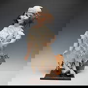 2pc Helen M. Carr Hamilton Collection Doll & Bucket, Ashley McTiddle: A finely crafted porcelain doll depicting a young girl in tattered period attire, posed & affixed on a wooden base with a rustic bucket accessory. The figure features expressive brown eyes, hand-paint