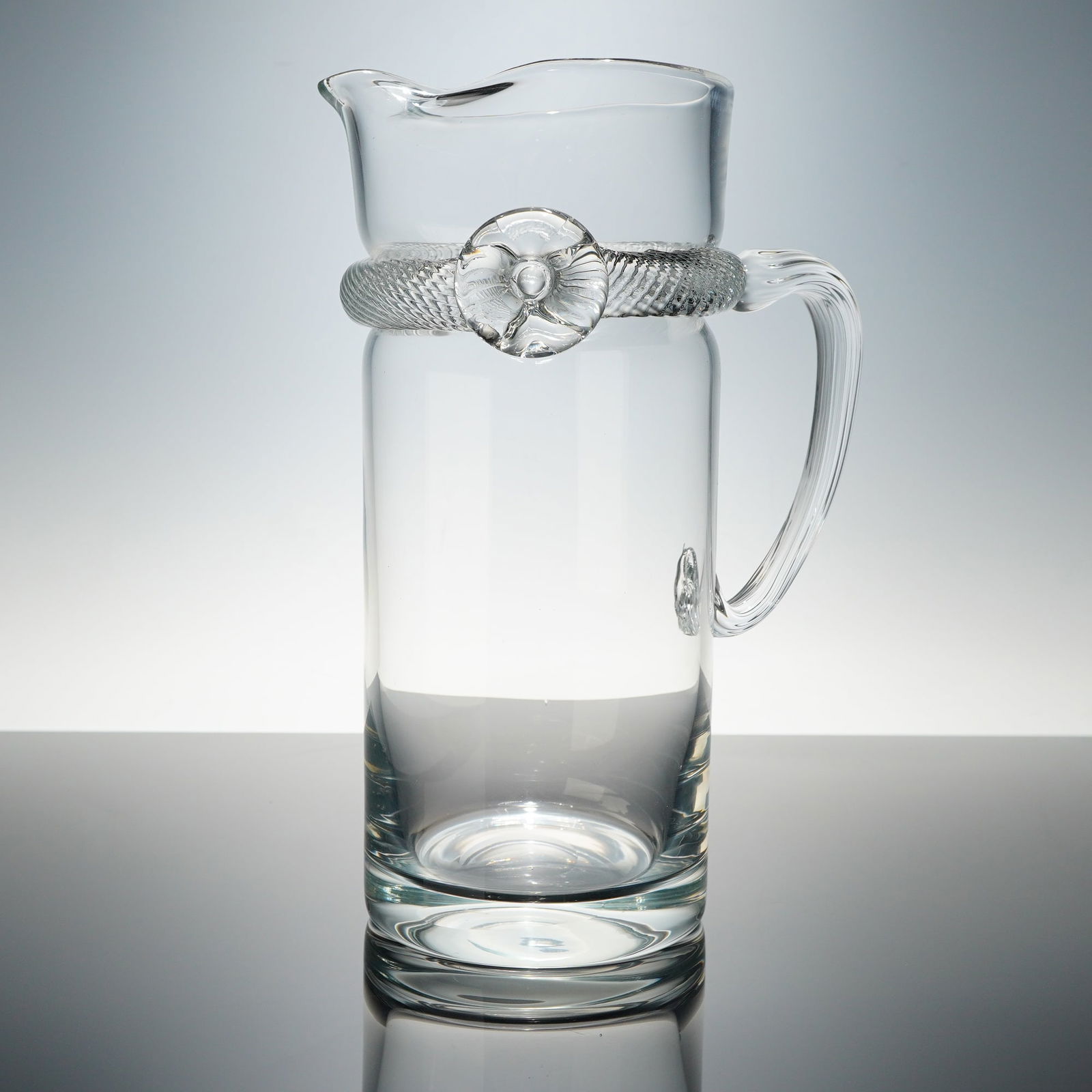 Clear Glass Pitcher Applied Textured Band Floral Medallion (1 of 4)