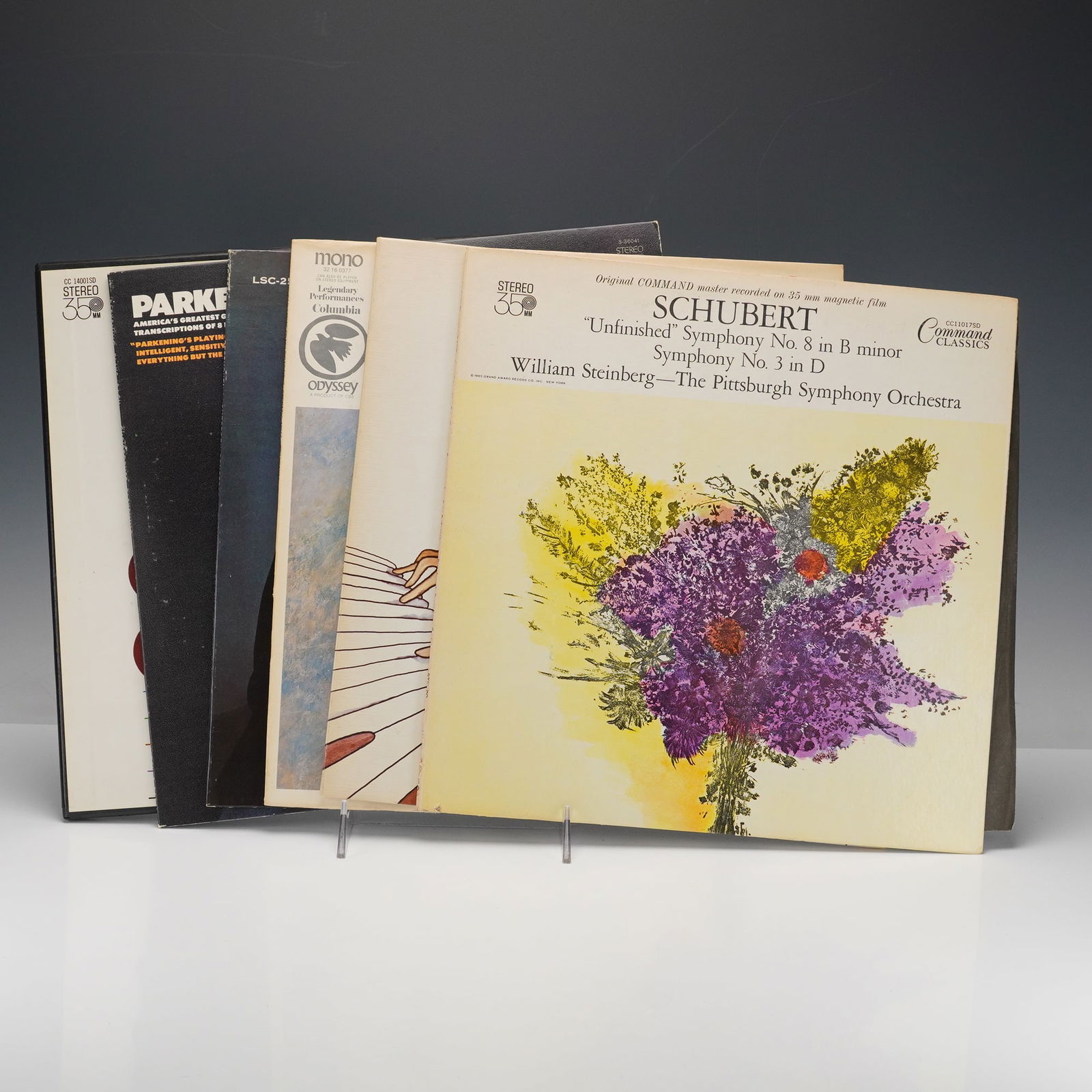 6pc Classical Music Vinyl Records: Six vintage classical LPs including The New Spirit of Angel, Schubert: Symphony No. 8 in B Minor, Bidu Sayao: Bachianas Brasileiras No. 5, Living Stereo Van Cliburn, Parkening Plays Bach, and Brahms: