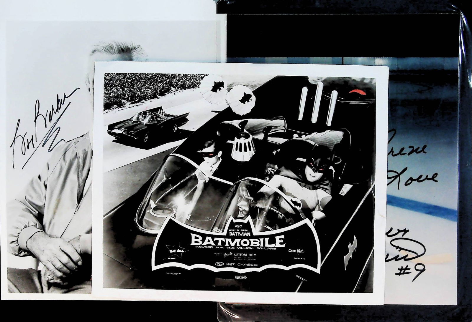 3 Photographs: Batmobile, Bob Barker & Bobby Hull Autographs: Three photographs including one black and white promotional still from the ABC Weekly TV Series 'Batman,' depicting Adam West as Batman and Burt Ward as Robin in the iconic Batmobile, designed by