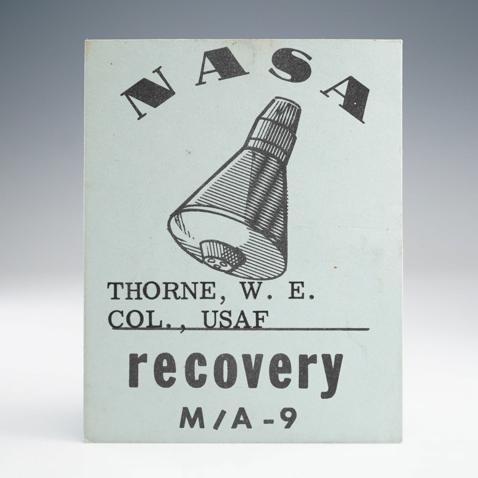 NASA Project Mercury M/A-9 Recovery Mission Identification Card (1 of 2)