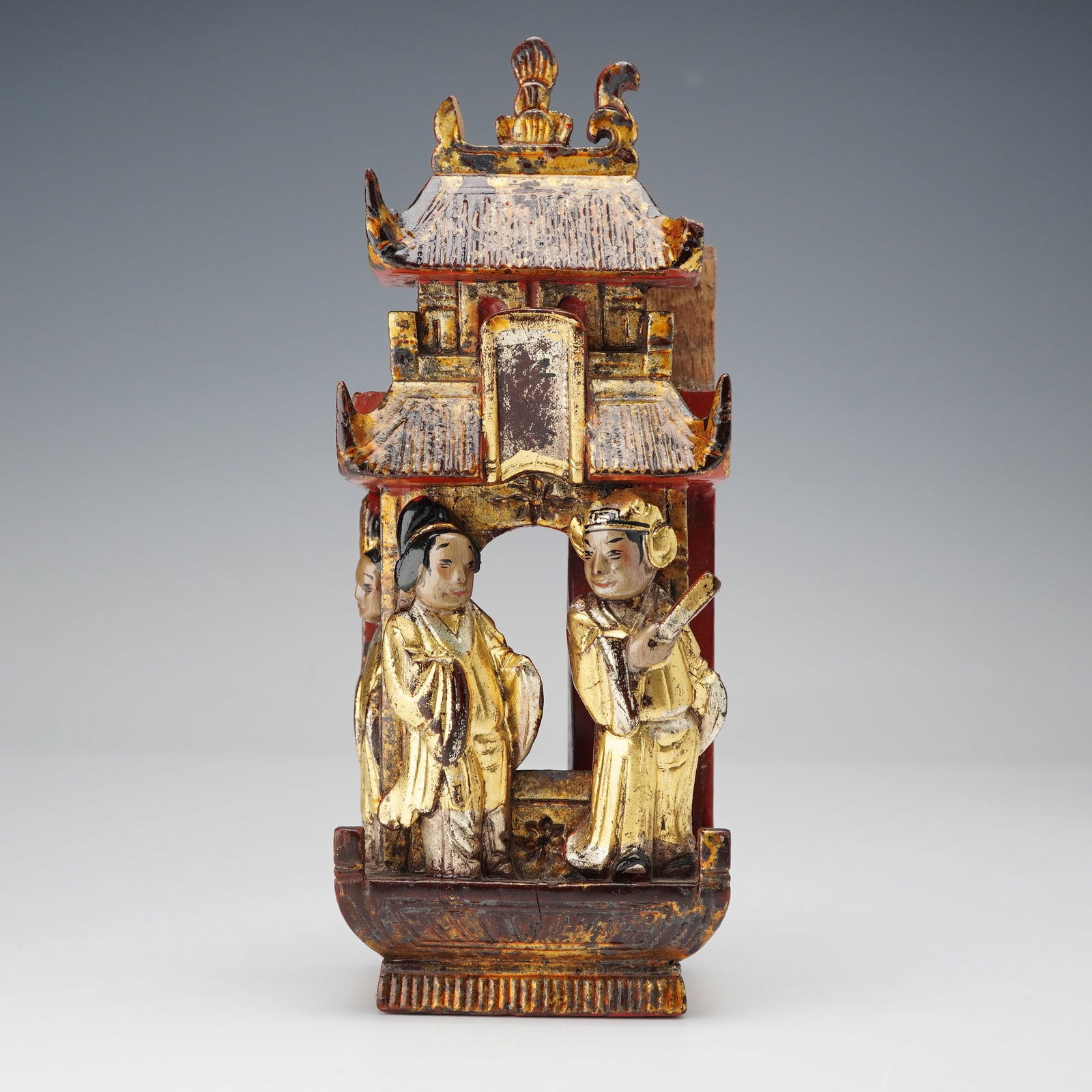 Chinese Gilt Wood Carved Pavilion Figures Panel (1 of 4)