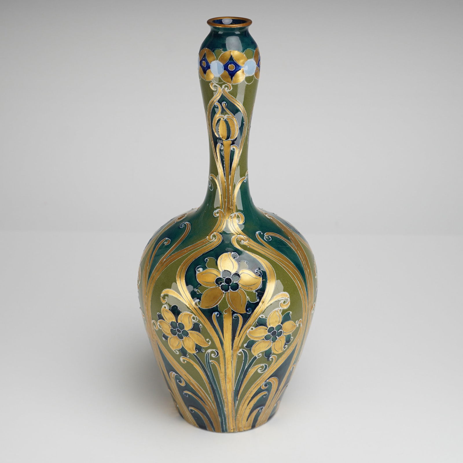 William Moorcroft Macintyre Florian Ware vase decorated in green and gold (1 of 5)