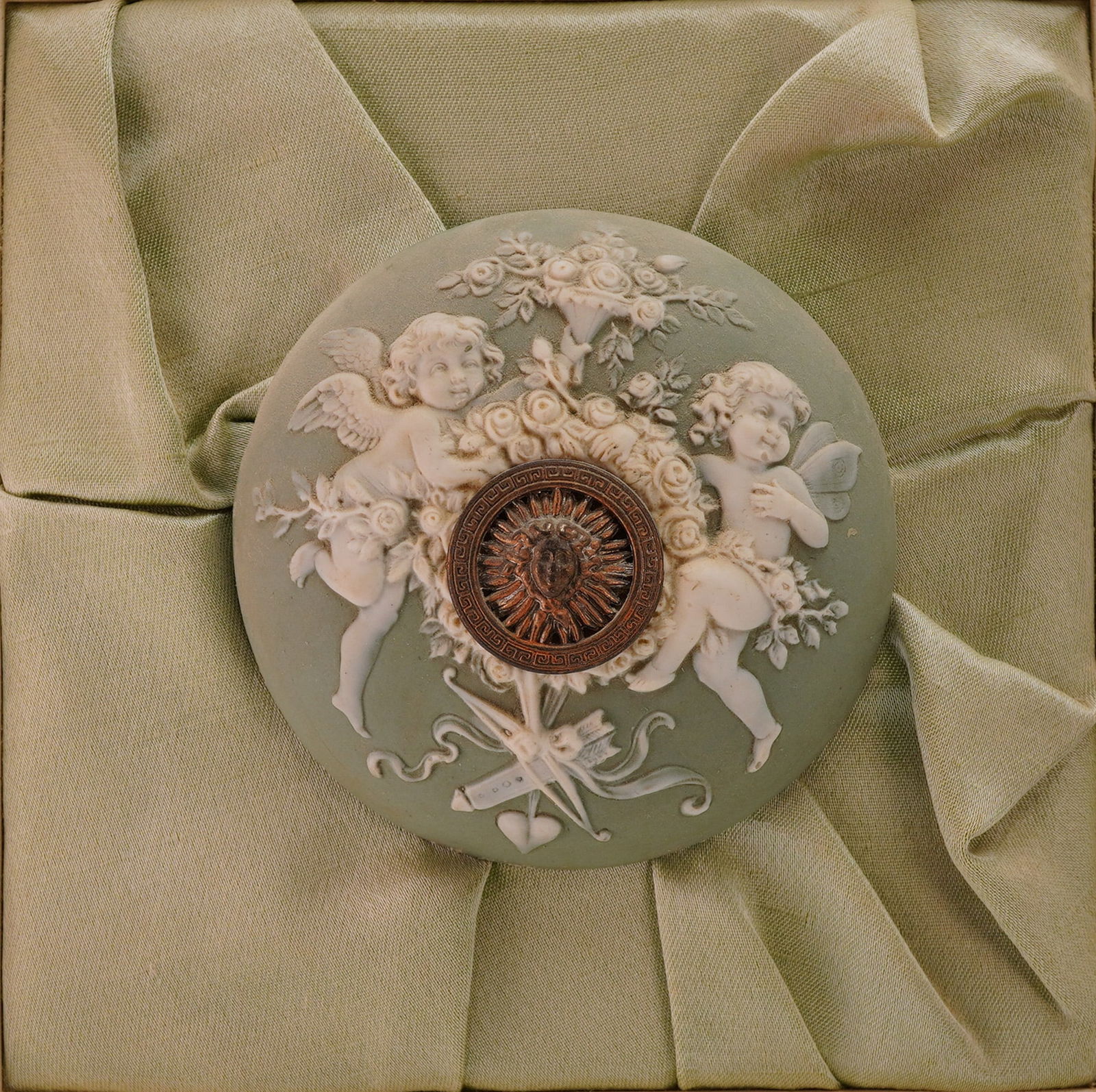 Framed Wedgwood Green Jasperware Pate-Sur-Pate Cherub Relief Plaque (1 of 4)