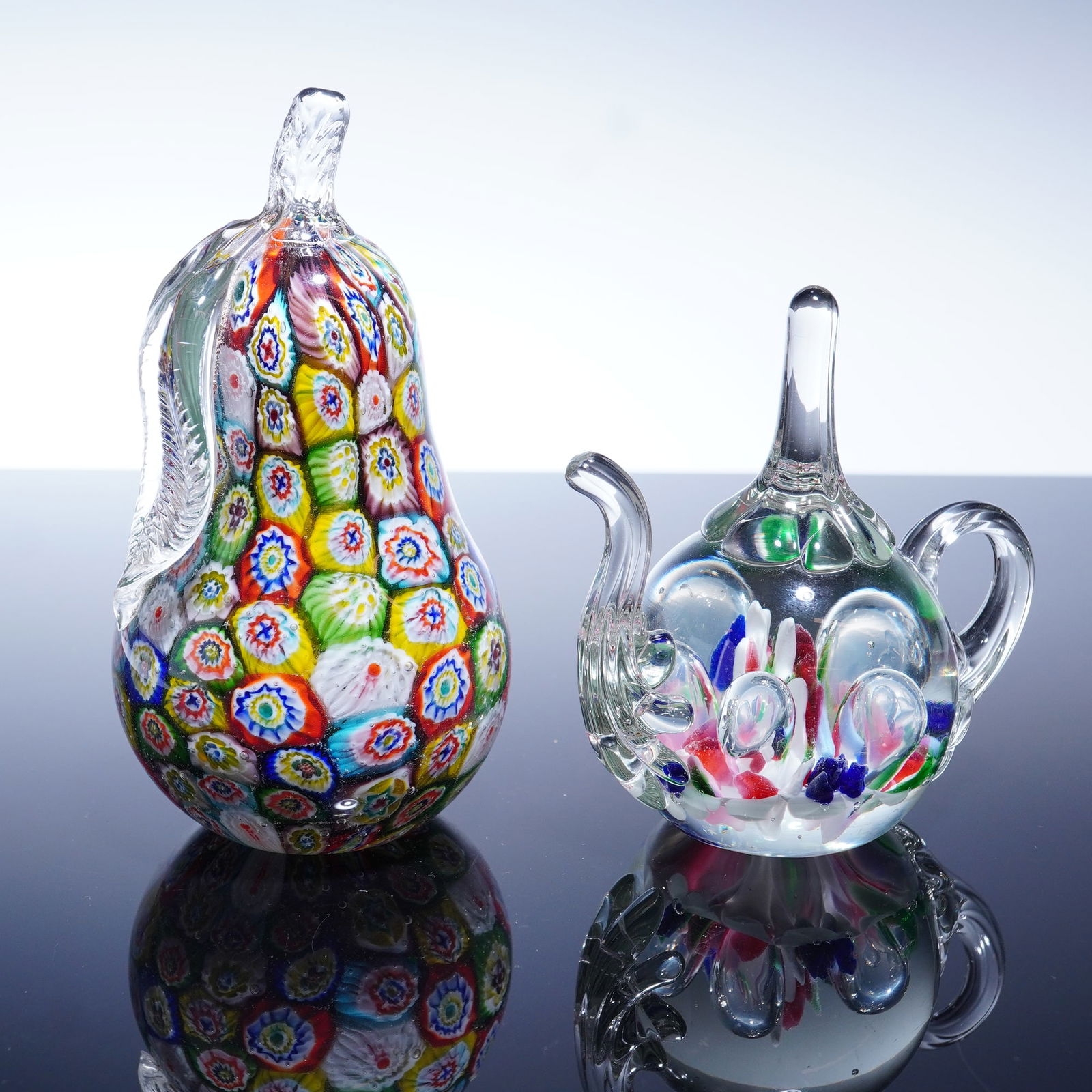 2pc Millefiori Art Glass Pear and Teapot Paperweights (1 of 3)