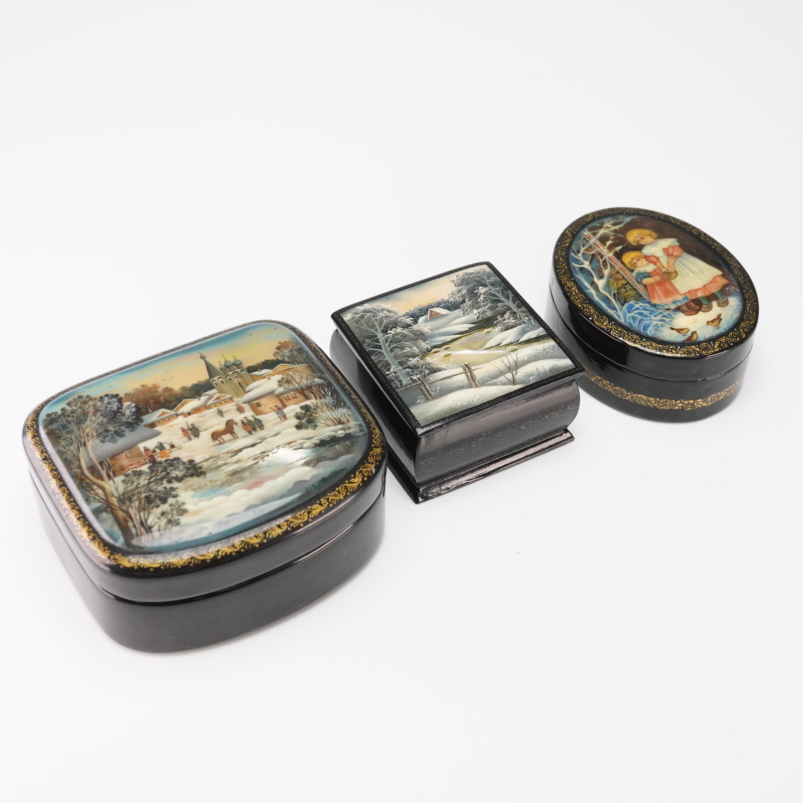 3pc Fedoskino Russian Lacquer Lidded Boxes (1 of 5)