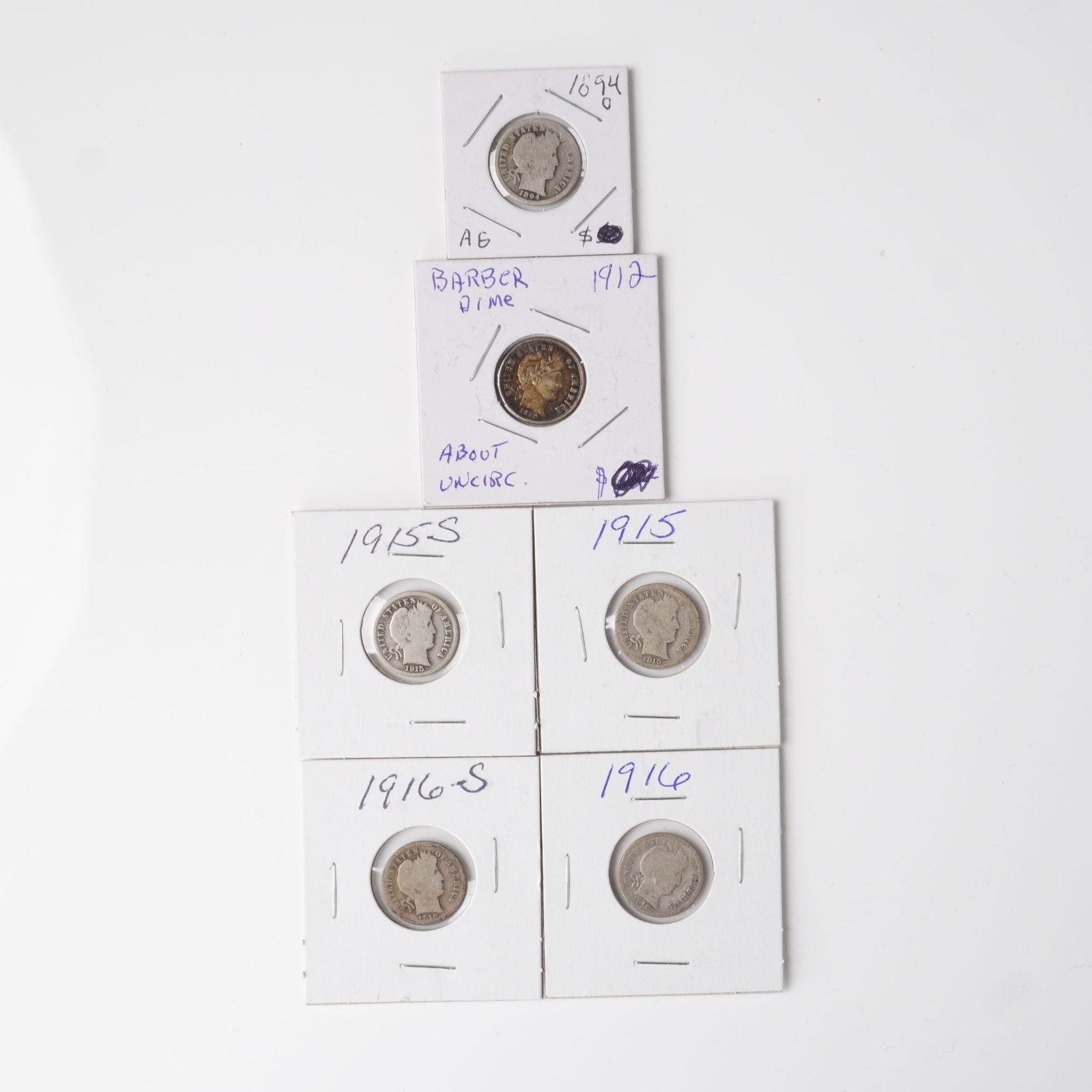 6pc 1894-O, 1912, 1915, 1915-S, 1916, 1916-S Barber Dime Set (1 of 4)