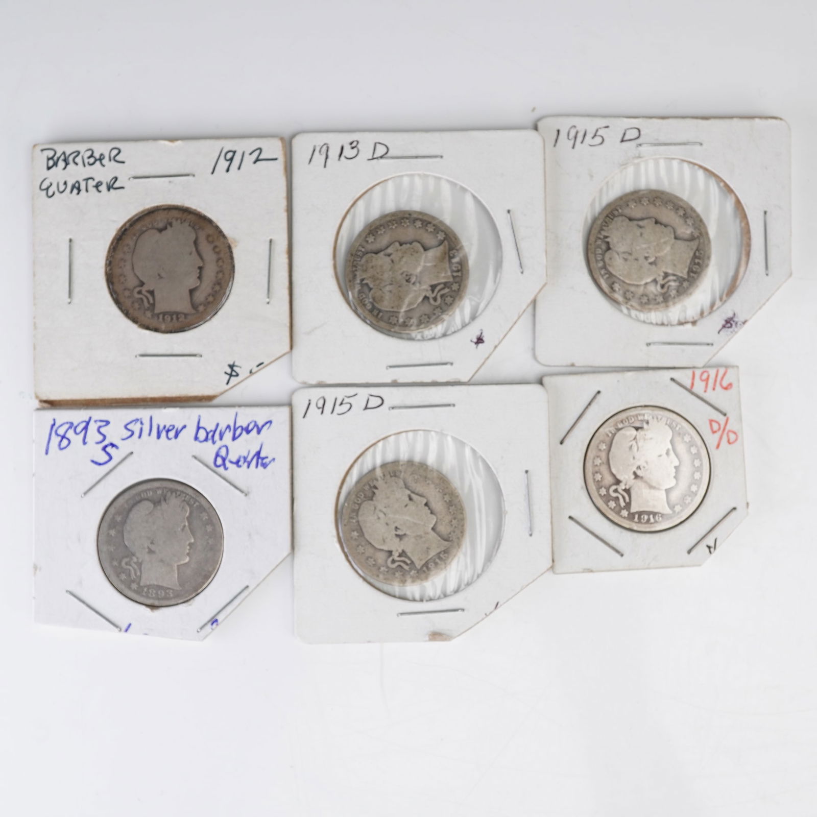 6pc 1893-S, 1912, 1913-D, 1915-D & 1916-D Barber Quarter Dollar Coins (1 of 4)