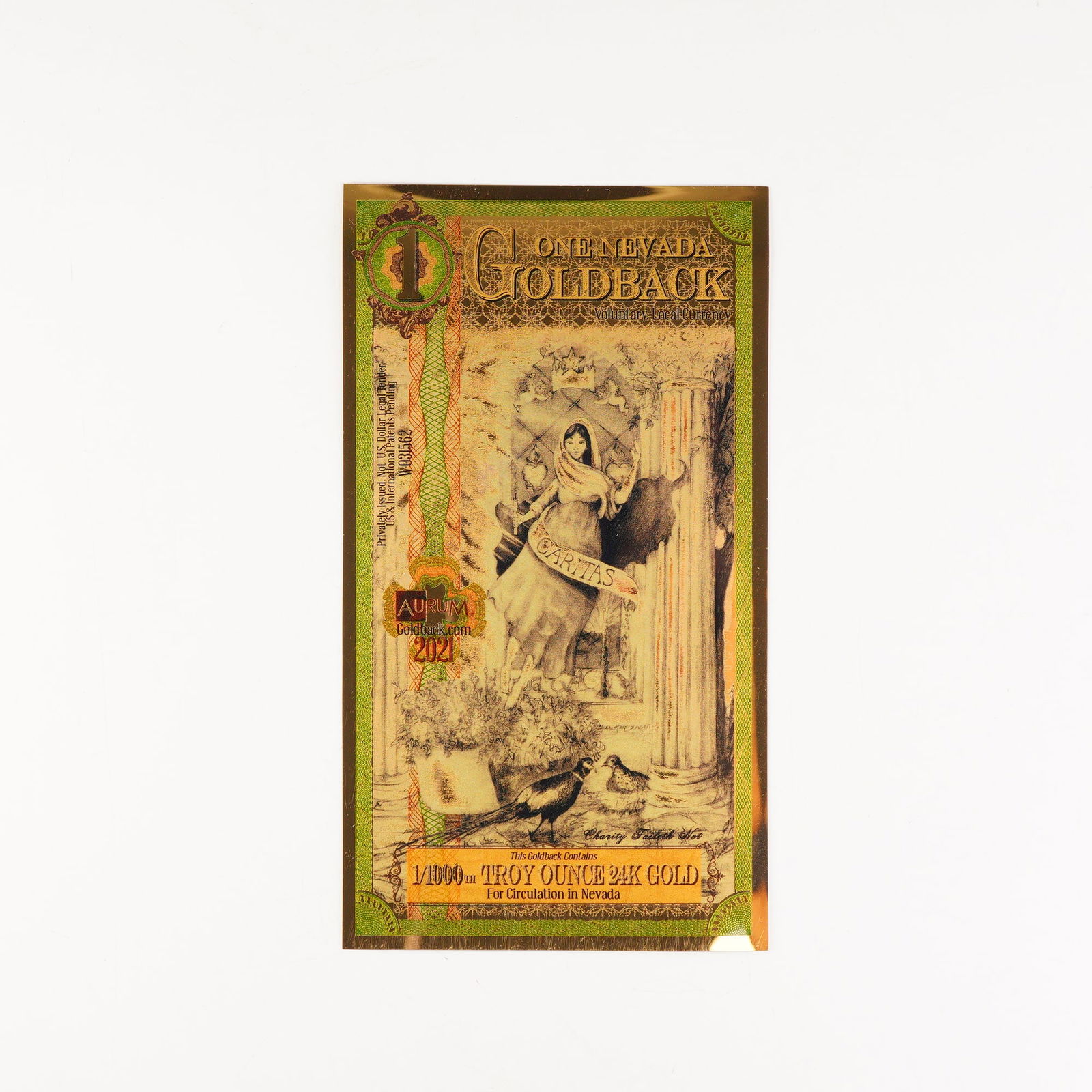 2021 One (1) Nevada Goldbacks - Aurum Gold Foil Note (24k) (1 of 2)