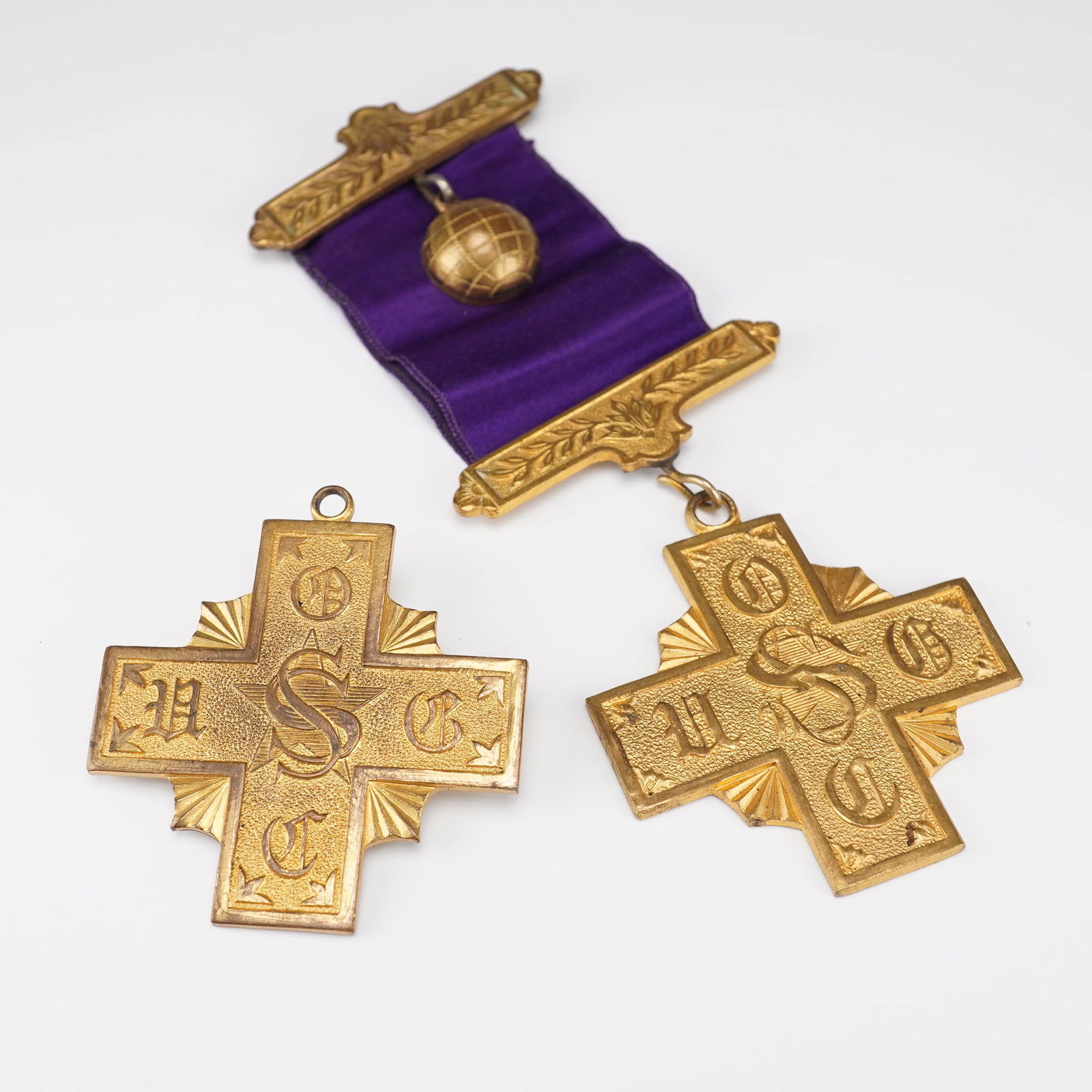 2pc U.S.O.C. Gold-Tone Fraternal Medals with Purple Ribbon Badge (1 of 5)