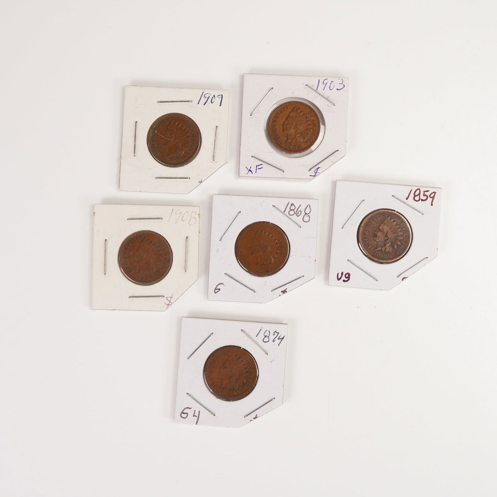 6pc 1859 to 1908 Indian Head 1 Cent Coins (1 of 3)