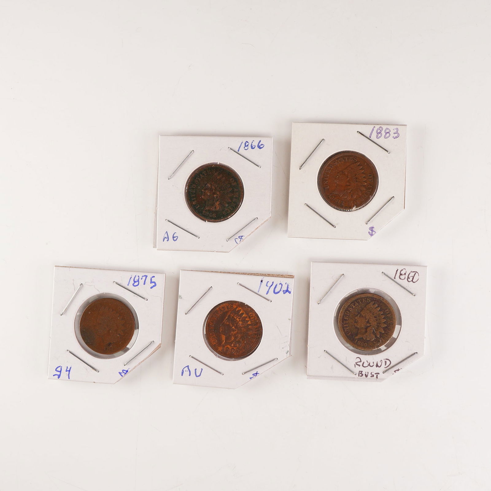 5pc 1860, 1866, 1875, 1883, 1902 U.S. Indian Head One Cent Coins (1 of 2)