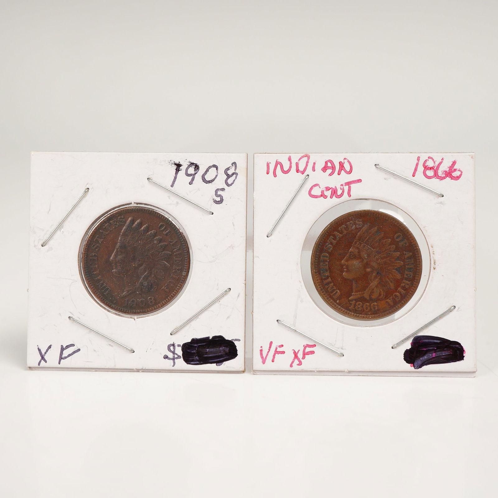 2pc 1866, 1908-S U.S. Indian Head One Cent Coins (1 of 2)