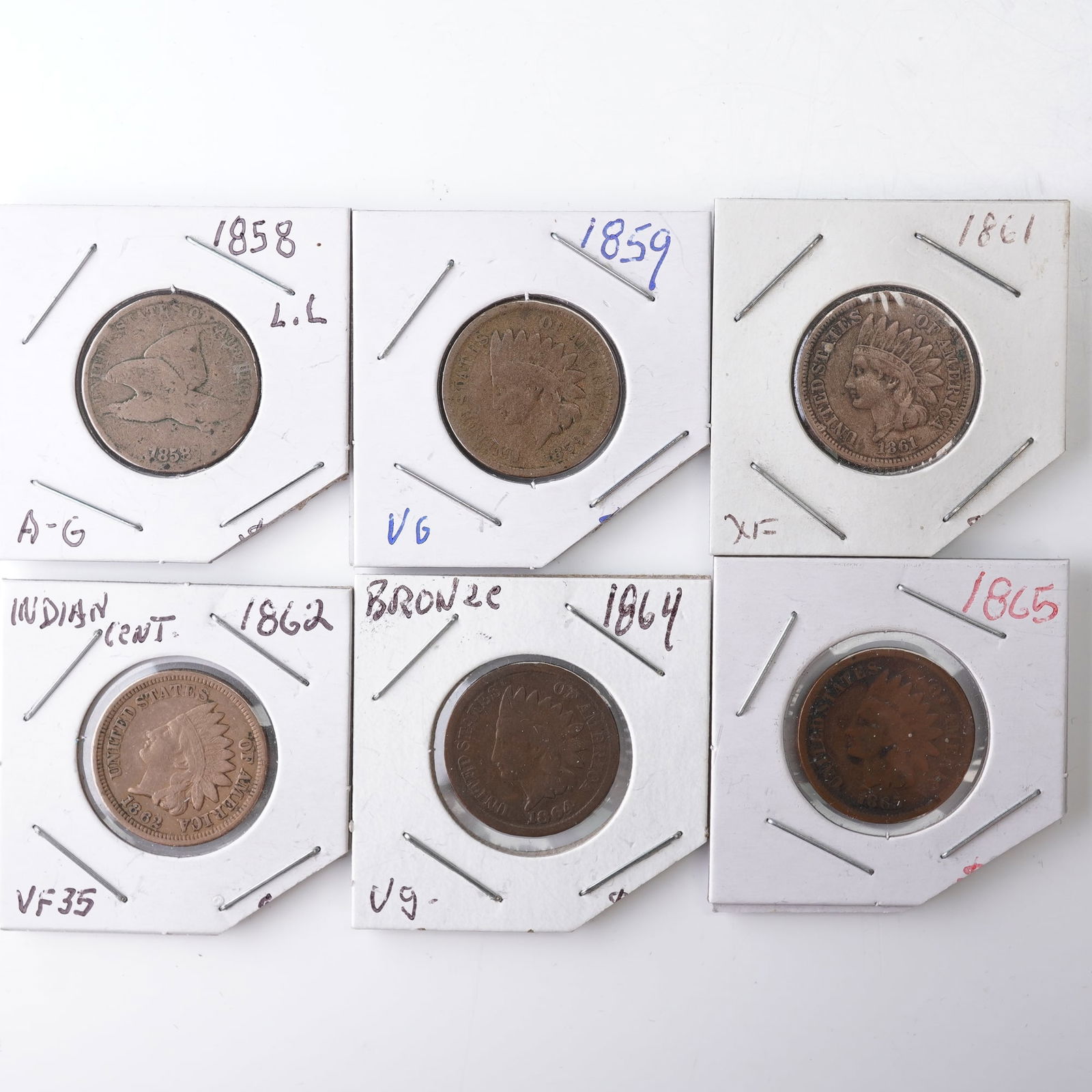 6pc 1858 Flying Eagle 1 Cent & 1859 to 1865 Indian Head 1 Cent Coins (1 of 4)
