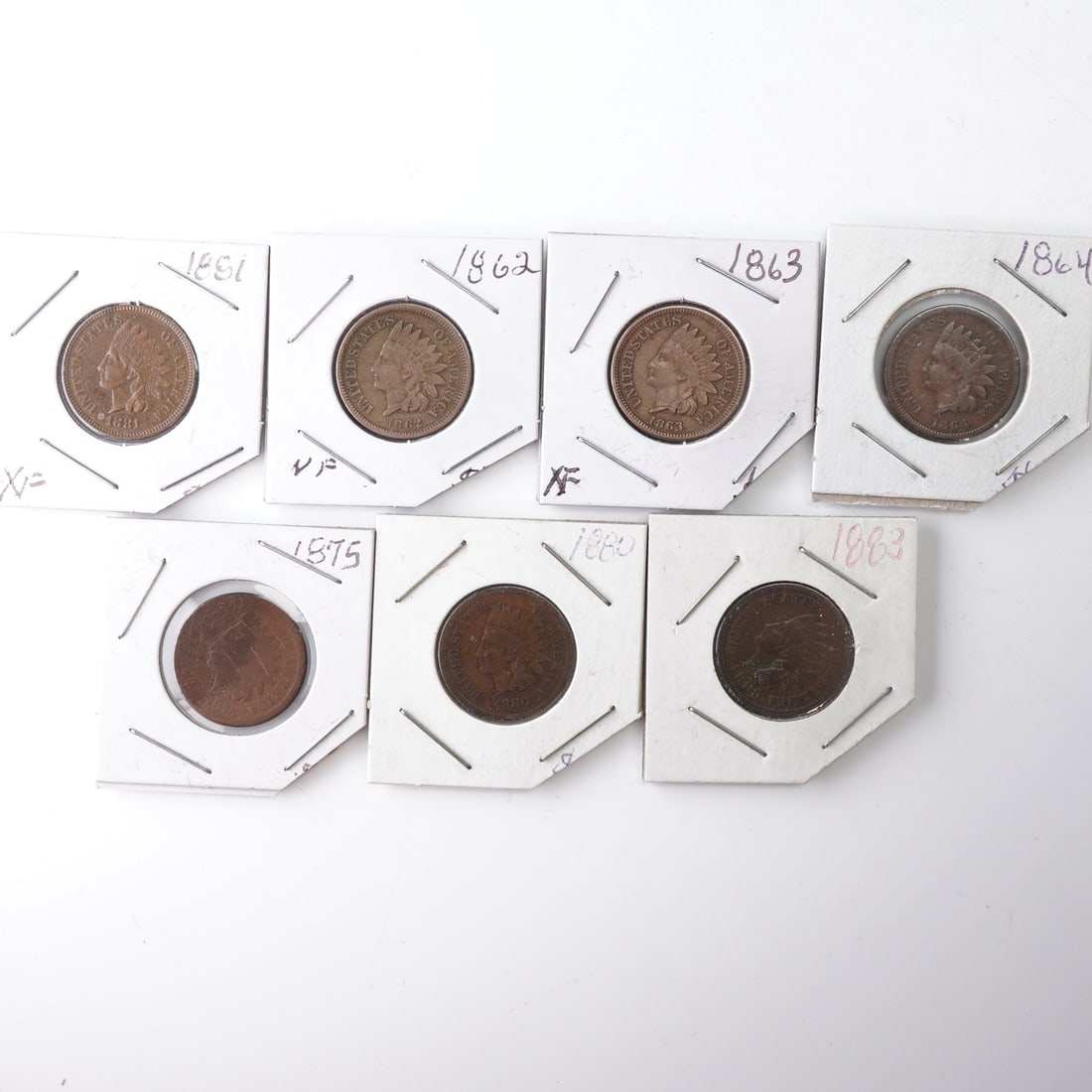 7pc 1862 to 1881 Indian Head 1 Cent Coins (1 of 4)