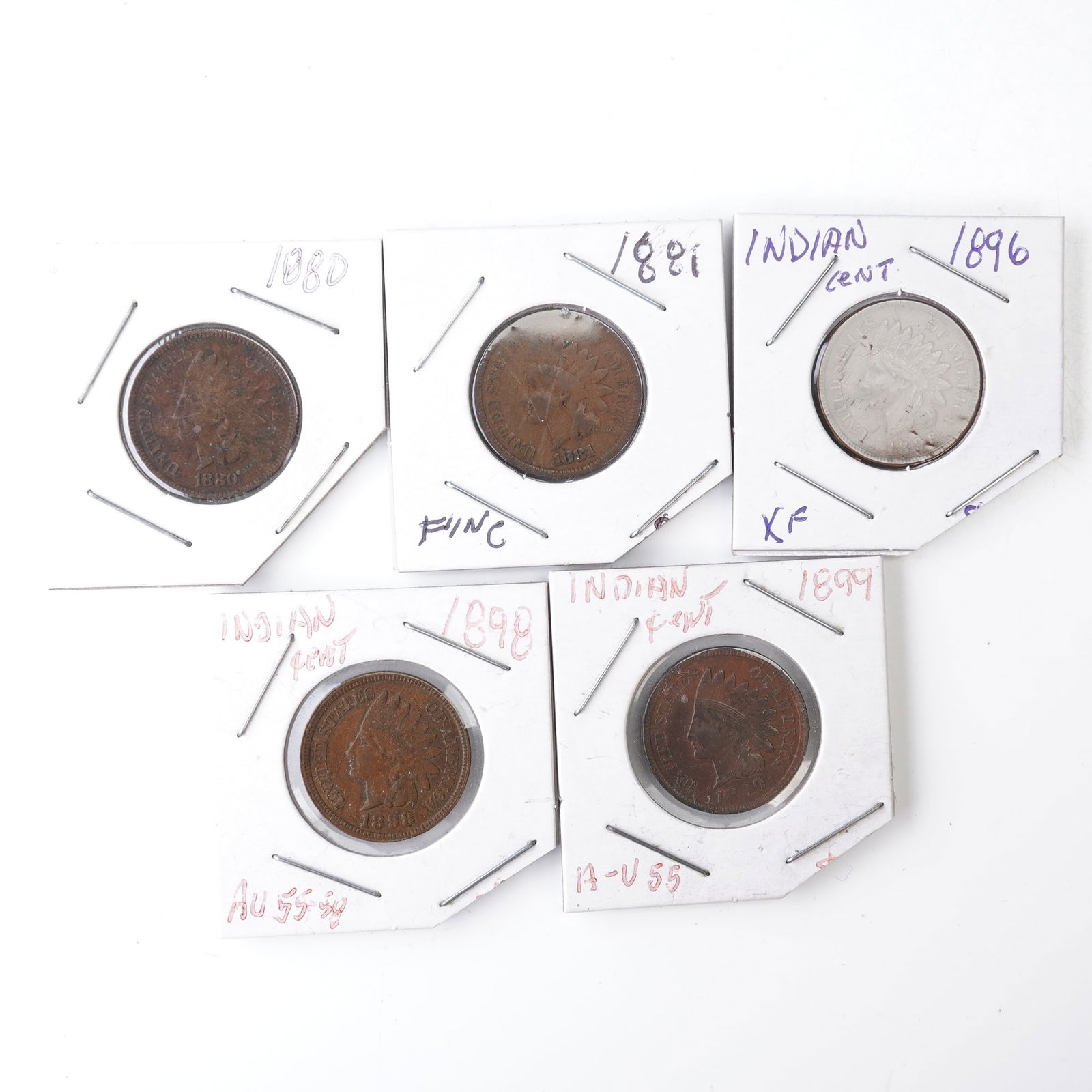 5pc 1880 to 1899 Indian Head 1 Cent Coins (1 of 4)