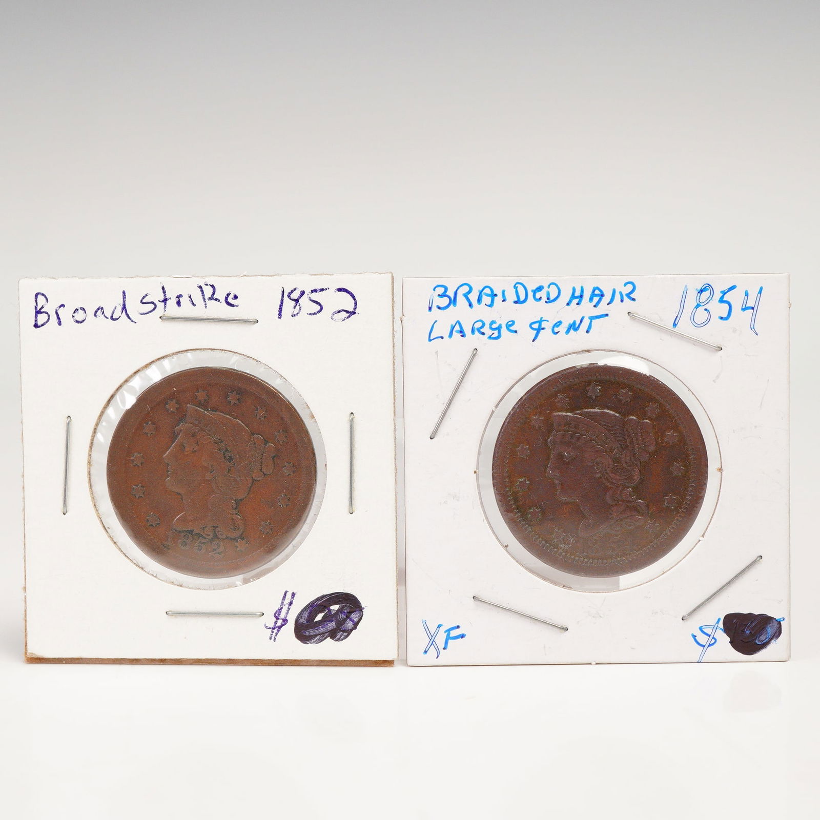 2pc 1852 & 1854 United States Liberty Head Braided Hair One Cent Coins (1 of 6)