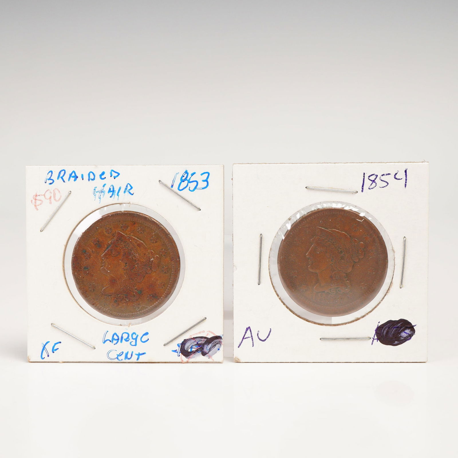 2pc 1853 & 1854 United States Liberty Head Braided Hair One Cent Coins (1 of 6)