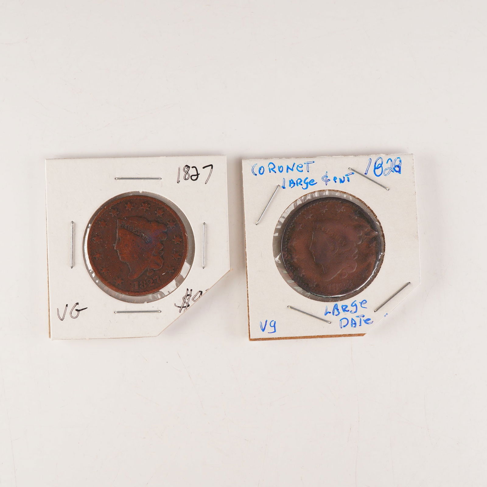 2pc 1827, 1828 U.S. Coronet Large One Cent, Large Date Coins (1 of 2)