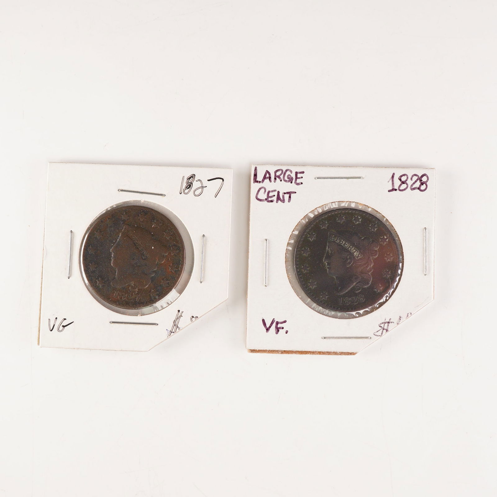 2pc 1827, 1828 U.S. Coronet Large One Cent Coins (1 of 2)