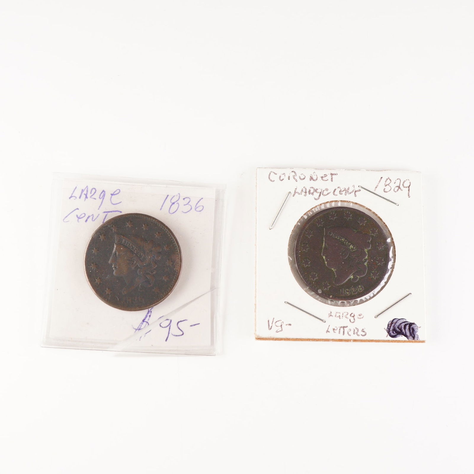 2pc 1829, 1836 U.S. Coronet Large One Cent Coins (1 of 2)