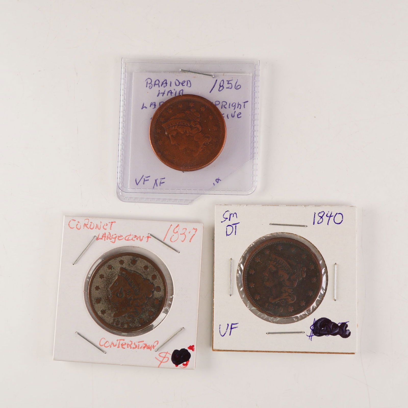 3pc 1837, 1840, 1856 U.S. Coronet and Braided Hair Large One Cent Coins (1 of 2)