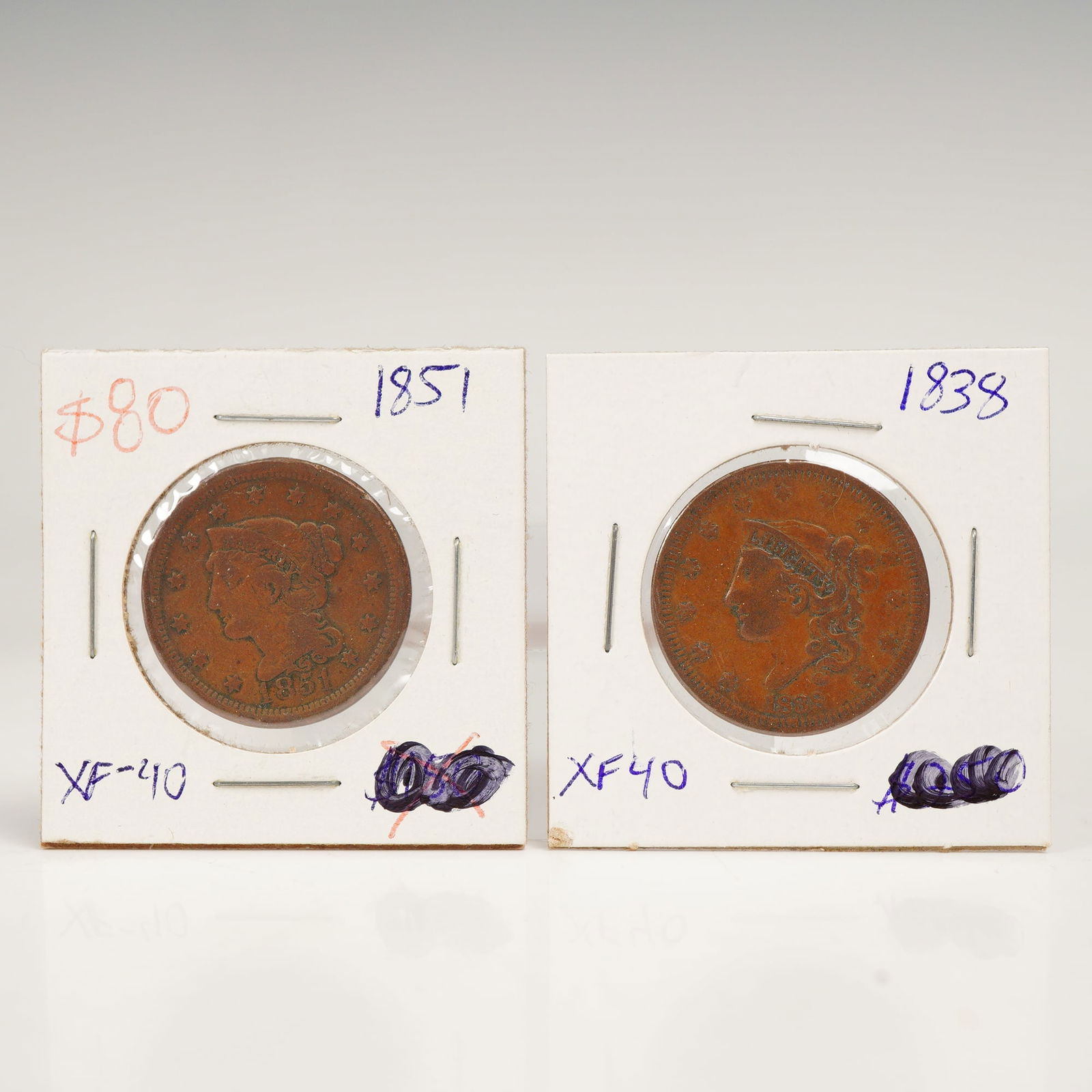 2pc 1838, 1851 U.S. Matron Head and Braided Hair Large One Cent Coins (1 of 6)