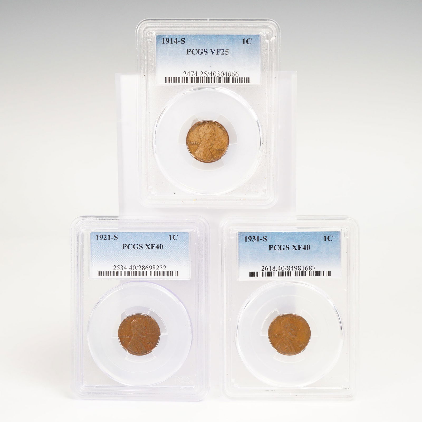 3pc 1914-S, 1921-S, 1931-S U.S. Lincoln One Cent Coins, PCCGS VF25 & XF40 (1 of 2)