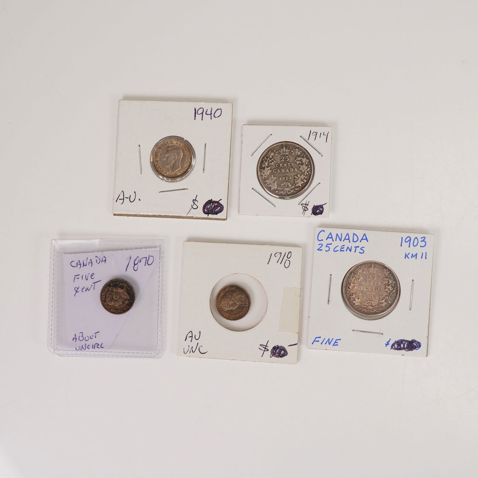 5pc Canadian 1870 to 1940 5, 10, & 25 Cent Coins (1 of 5)