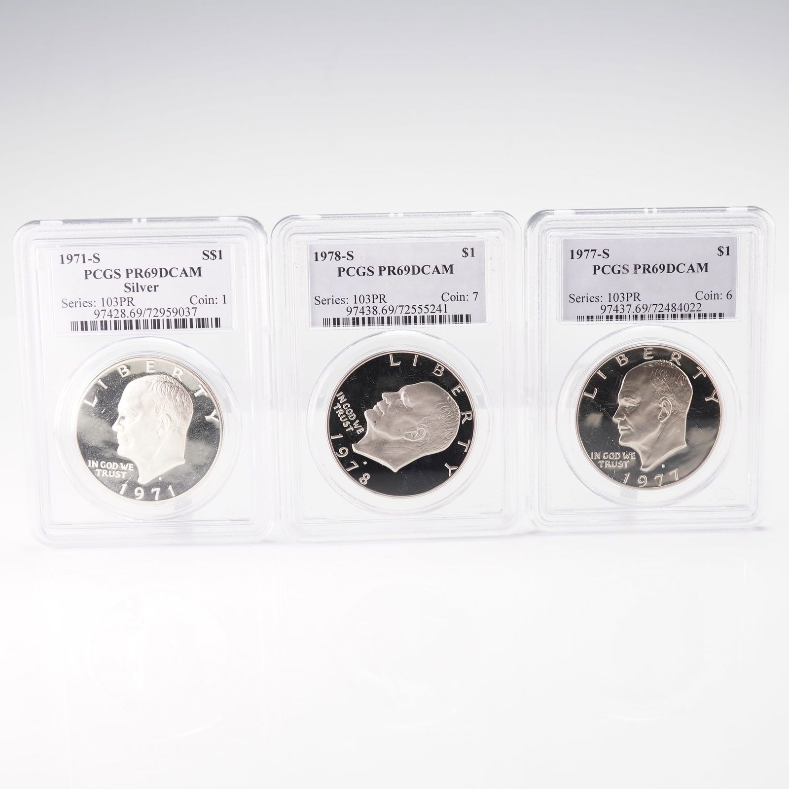 3pc US Eisenhower $1 Coins 1971-S, 77-S, 78-S PCGS PR69 DCAM (1 of 4)