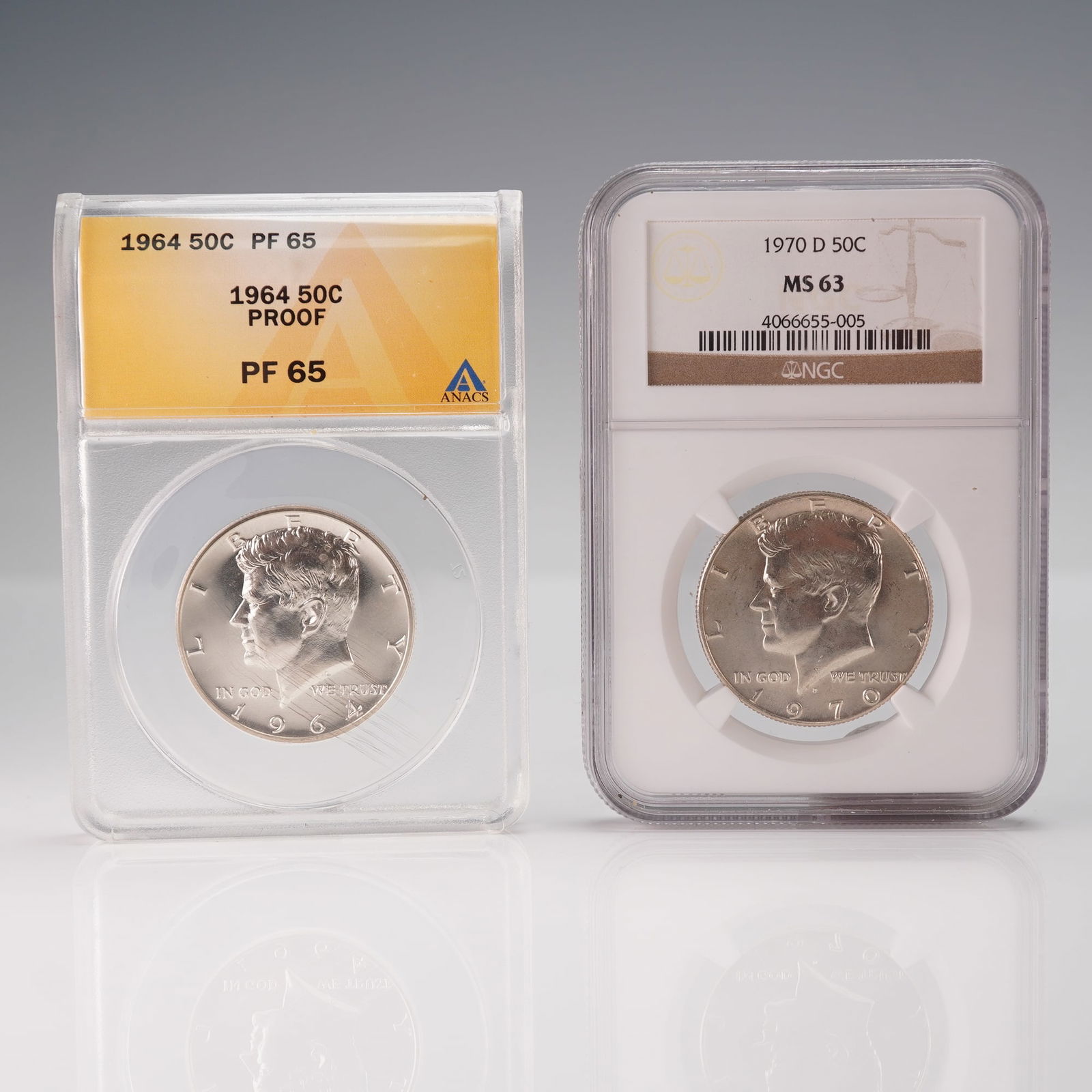 2pc U.S. Kennedy Half Dollars: 1964 ANACS PF 65 PROOF and 1970 NGC MS65 (1 of 4)