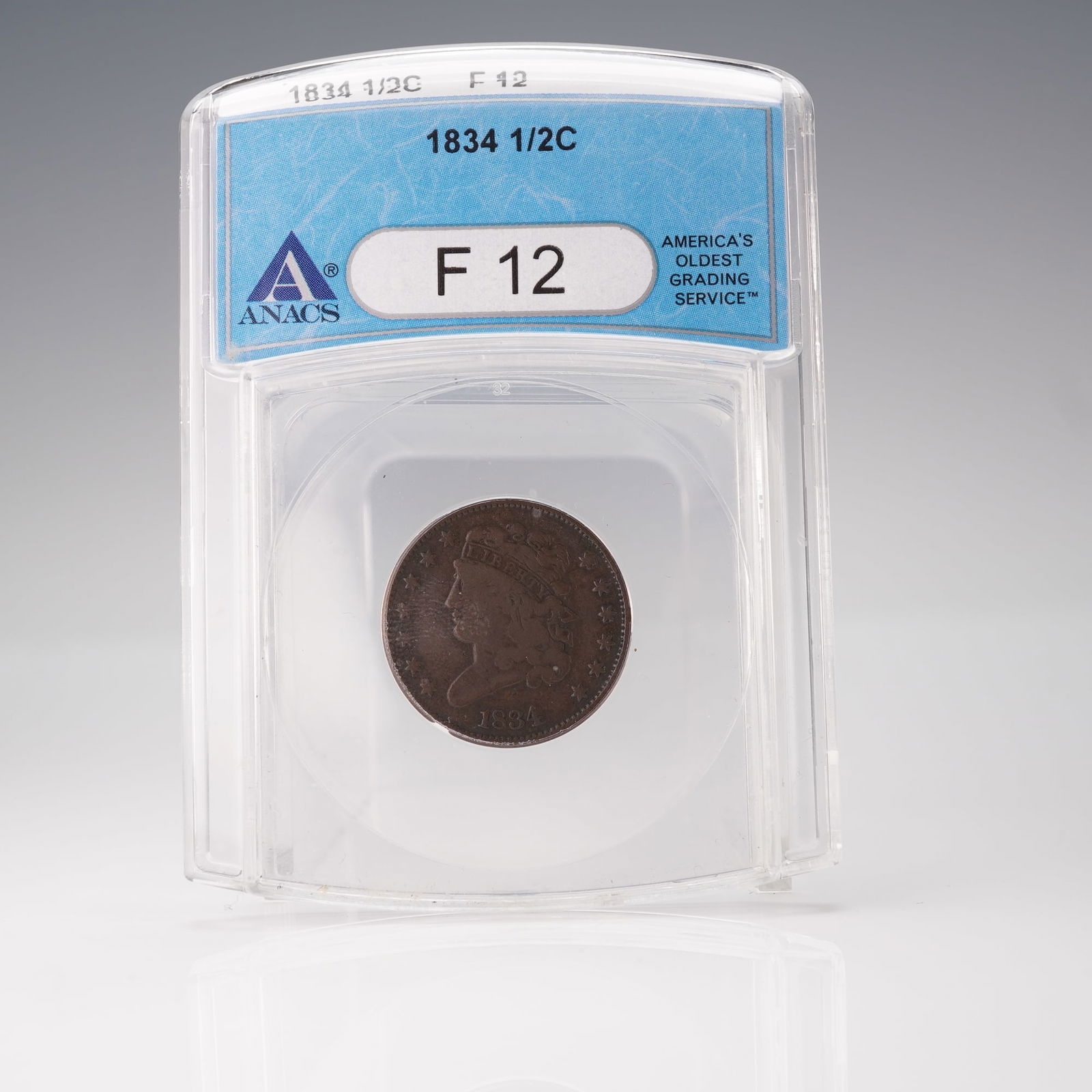 US 1834 Half Cent Coin, Copper, Classic Head, ANACS F 12 (1 of 4)