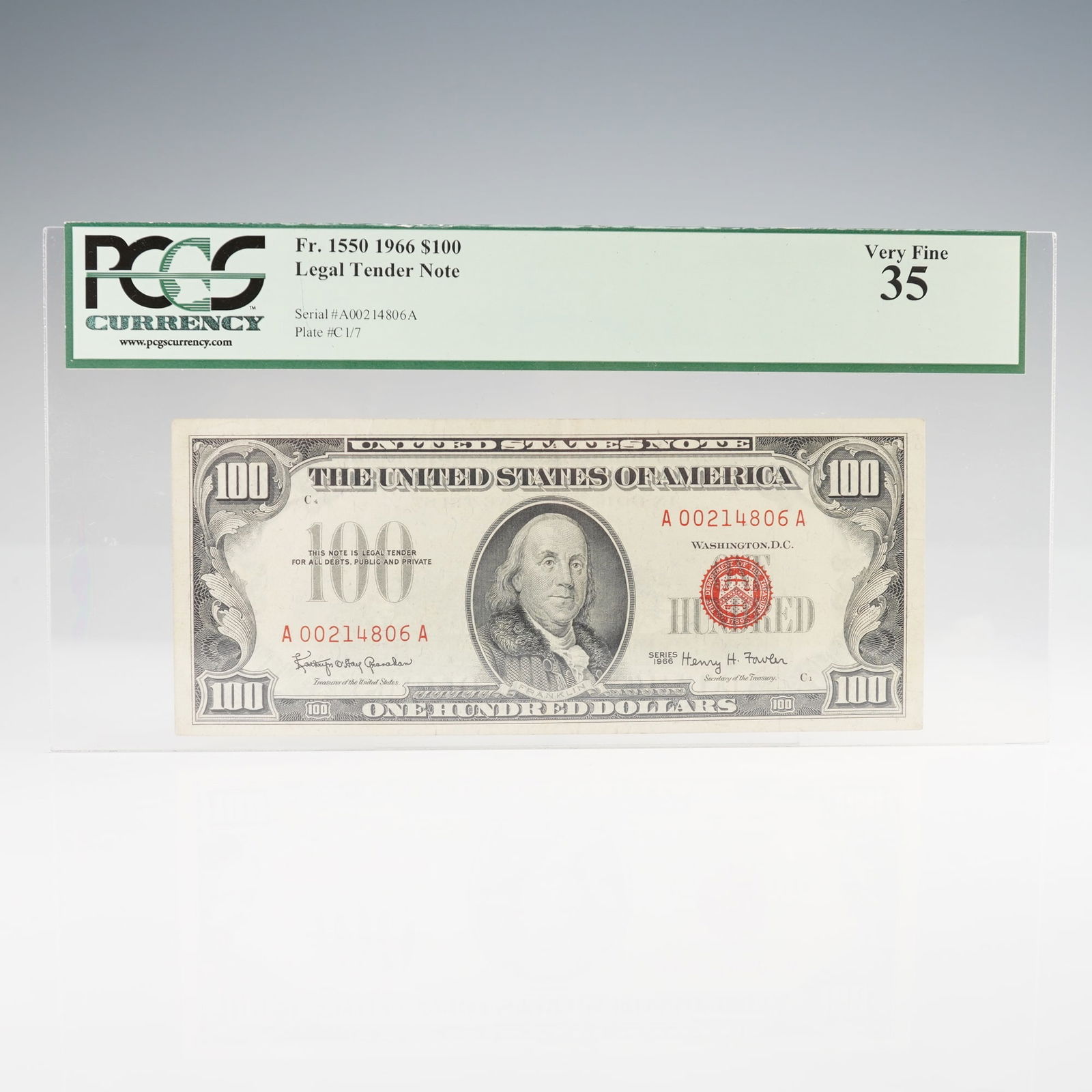 1966 Fr. 1550 - U.S. One Hundred Legal Tender Note, PCGS Very Fine 35 (1 of 8)