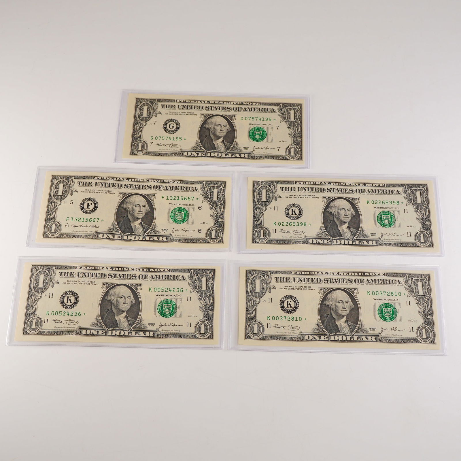5pc 2003 U.S. One Dollar Federal Reserve Note - Star Notes (1 of 2)