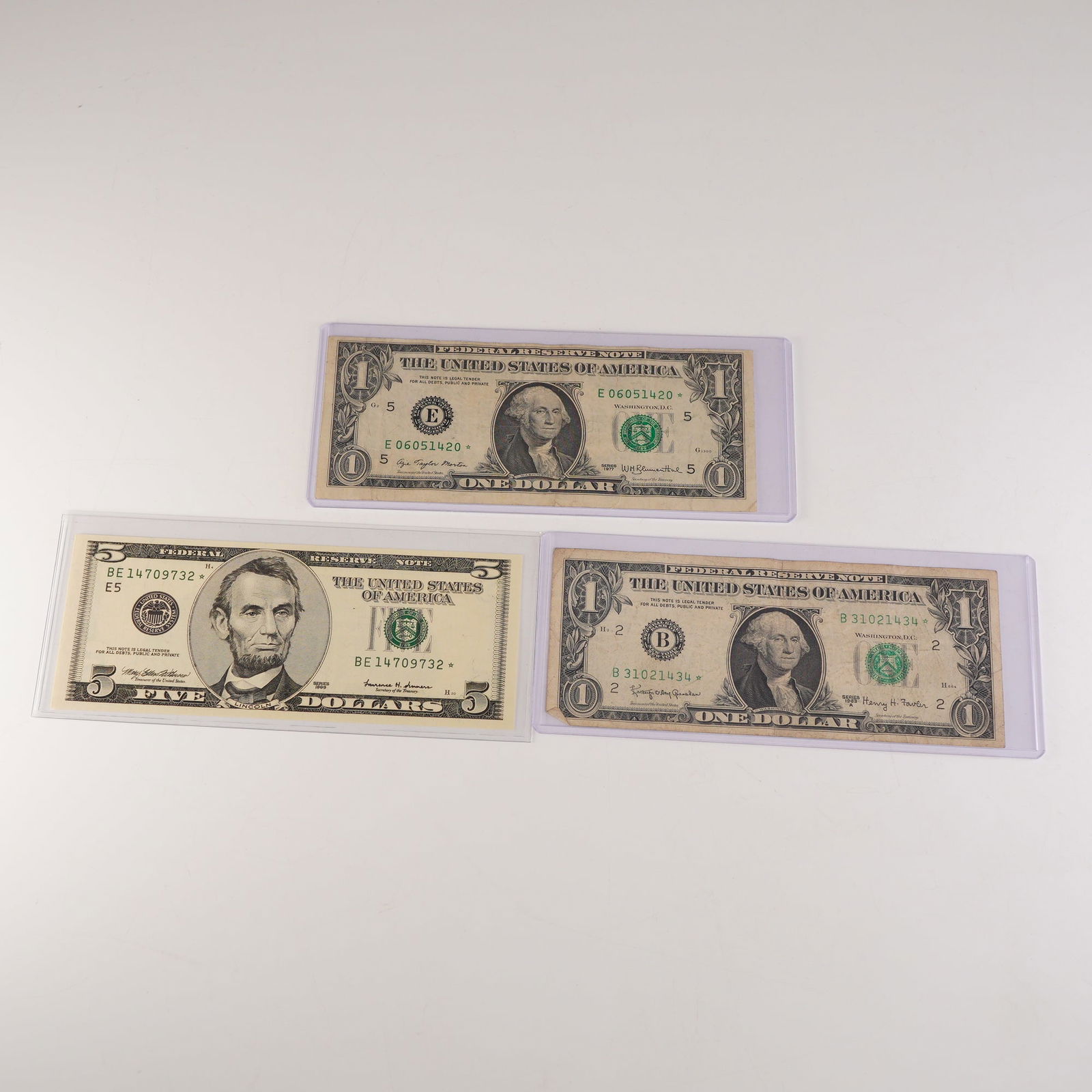 3pc 1963, 1977, 1999 U.S. One & Five Dollar Reserve Note - Star Note (1 of 2)