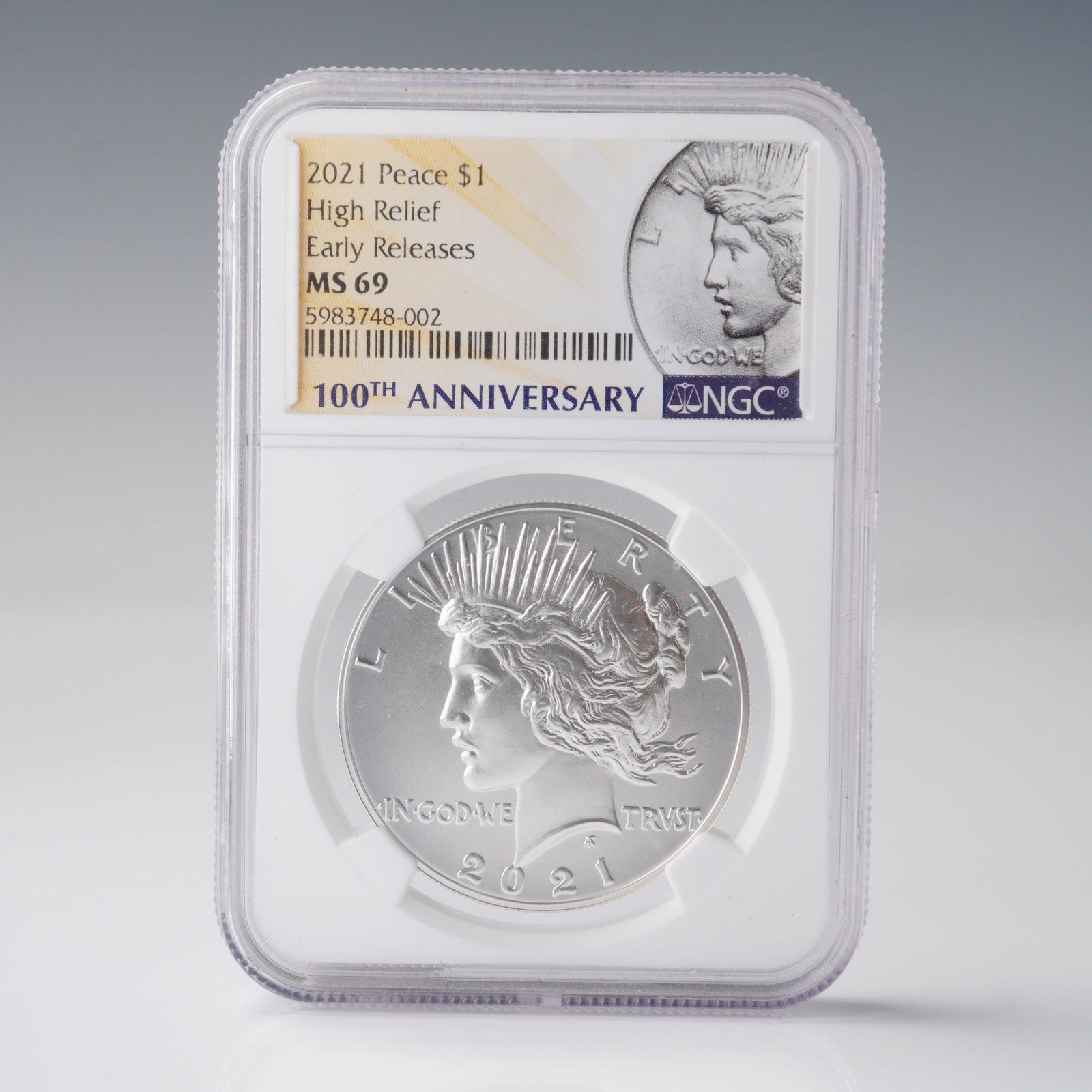 2021 American Peace Dollar High Relief MS69 NGC Early Releases: The 2021 American Peace Dollar features Liberty facing left, wearing a radiant crown, with the inscriptions LIBERTY and IN GOD WE TRUST, and the year 2021 below. The reverse depicts a perched eagle wi
