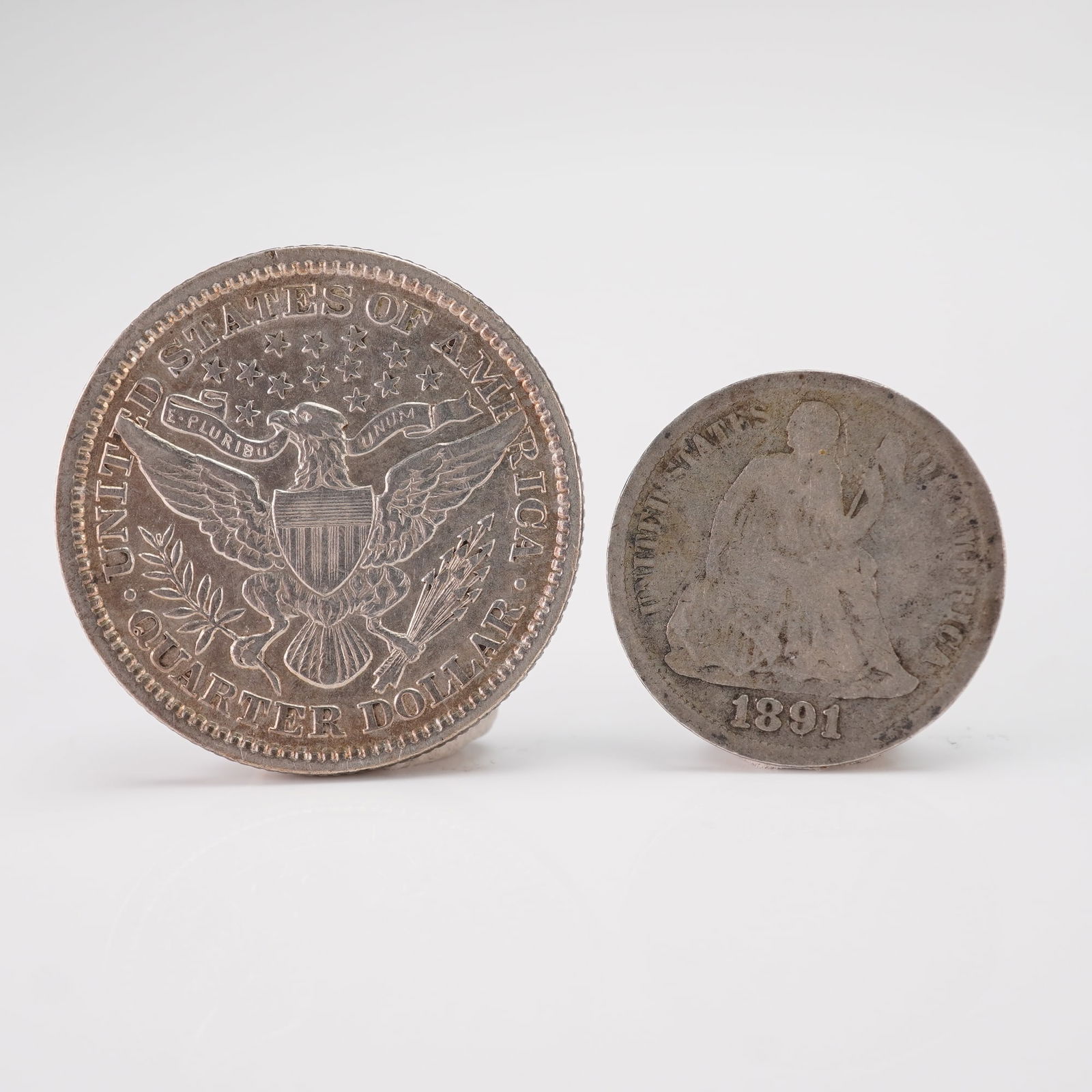 2pc United States 1891 Seated Liberty Dime & 1898 Barber Quarter Coins (1 of 2)