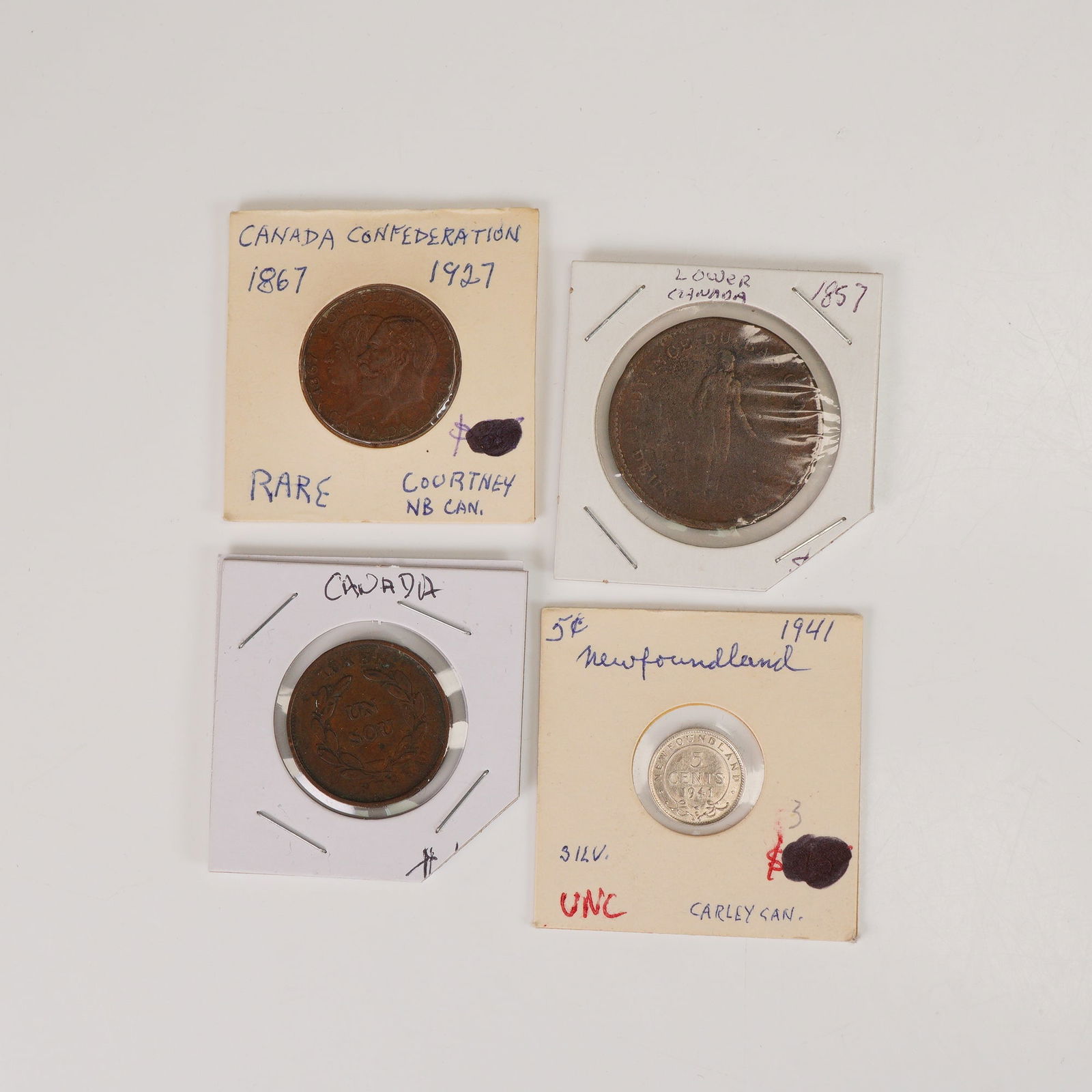 4pc Canadian 1835 1 Sou Merchant Token, 1857 to 1941 Coins & 1927 Medal (1 of 5)