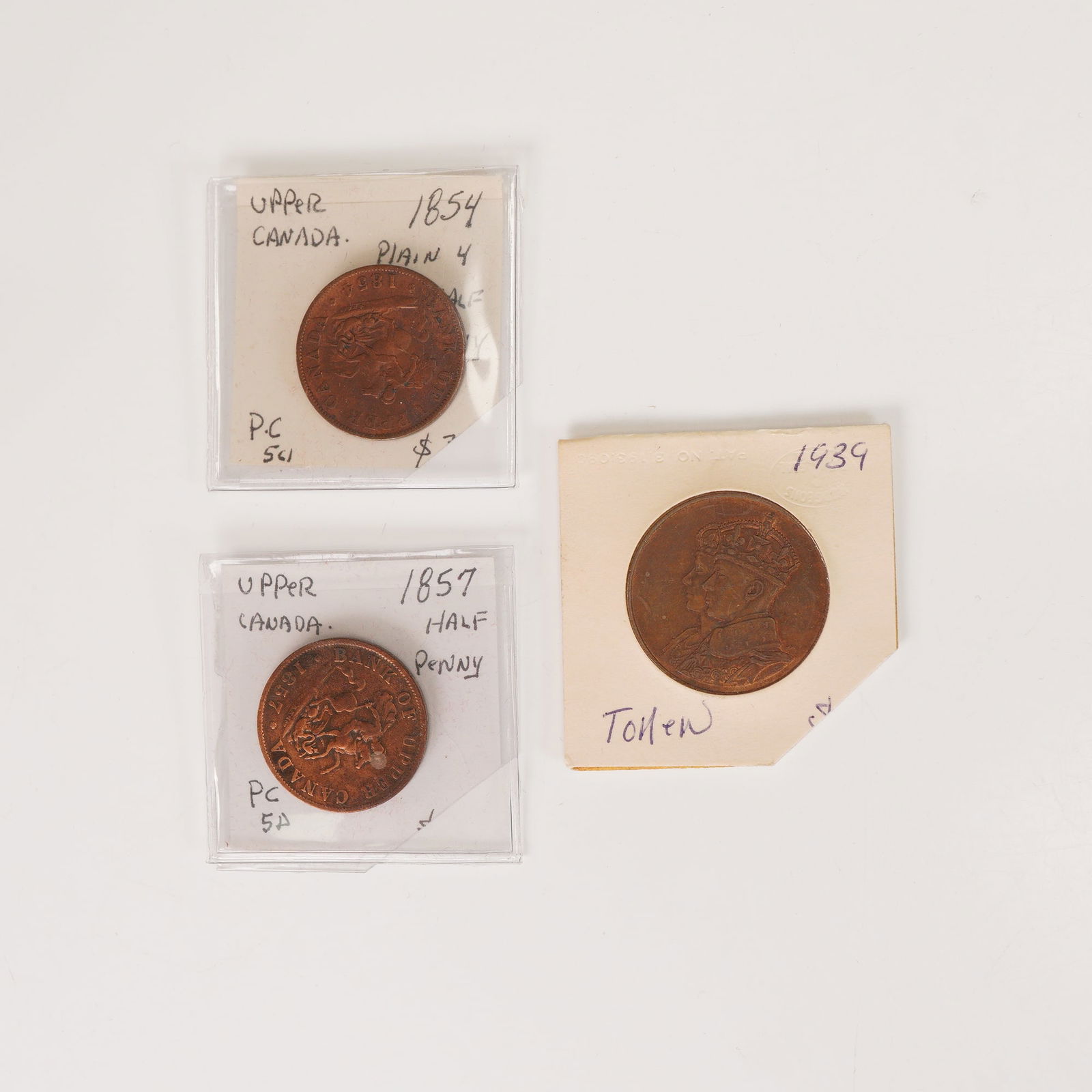 3pc 1854 to 1857 Canadian Half Pennies & 1939 George VI Medal (1 of 2)