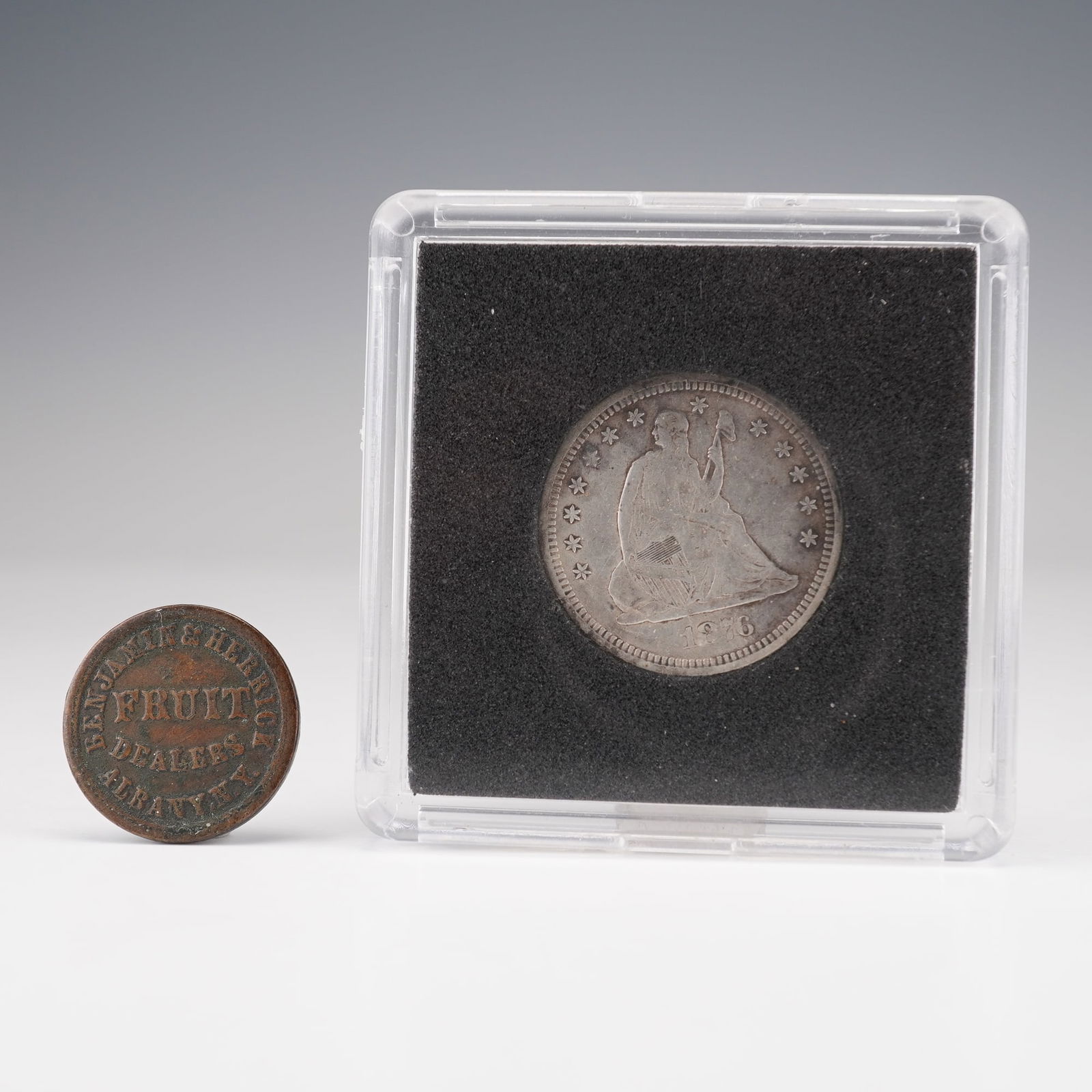 2pc 1863, 1876-S U.S. Liberty Qtr. Dollar & Civil War Fruit Dealer Token (1 of 5)