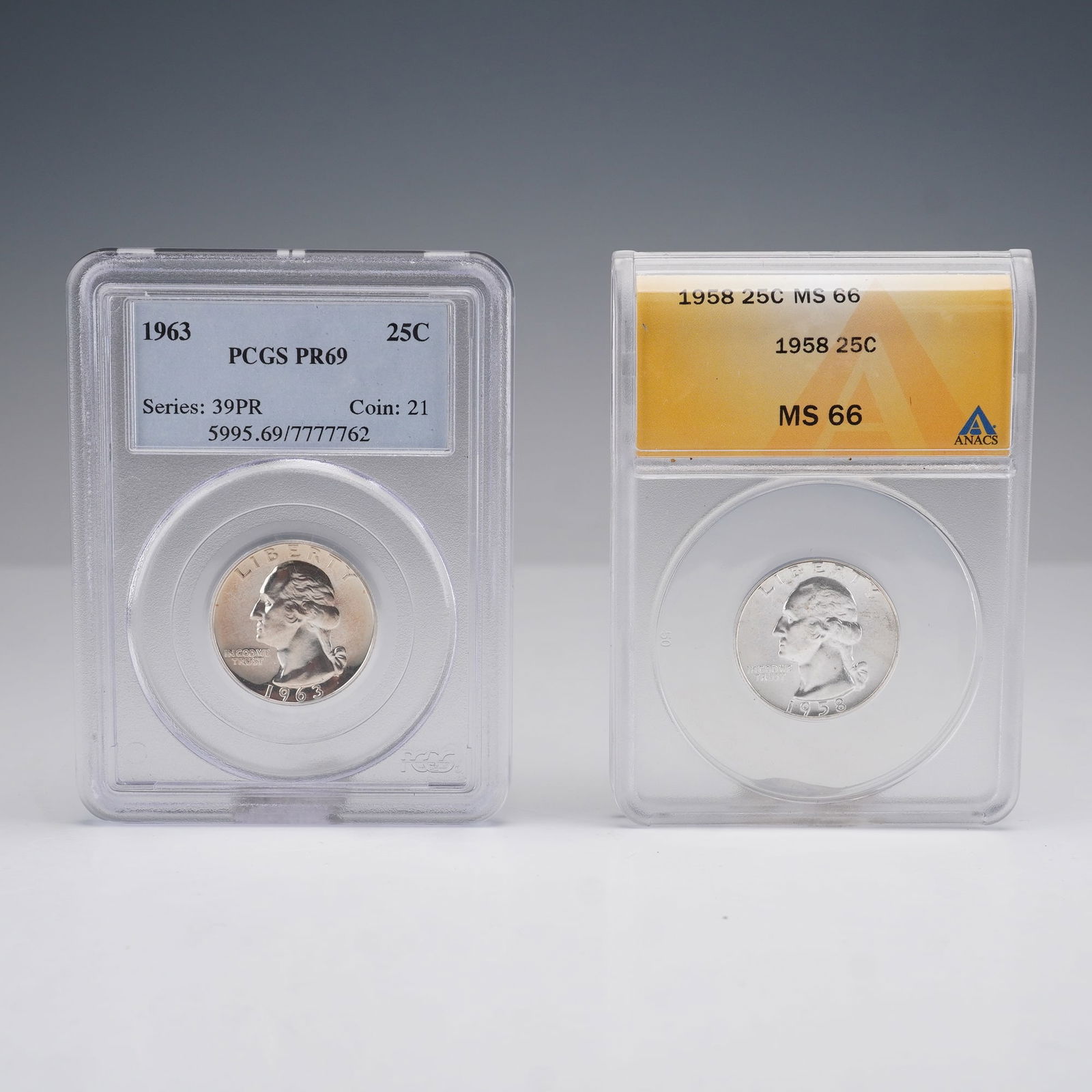 2pc 1958 and 1963 Silver Washington Quarters ANACS & PCGS Graded (1 of 6)