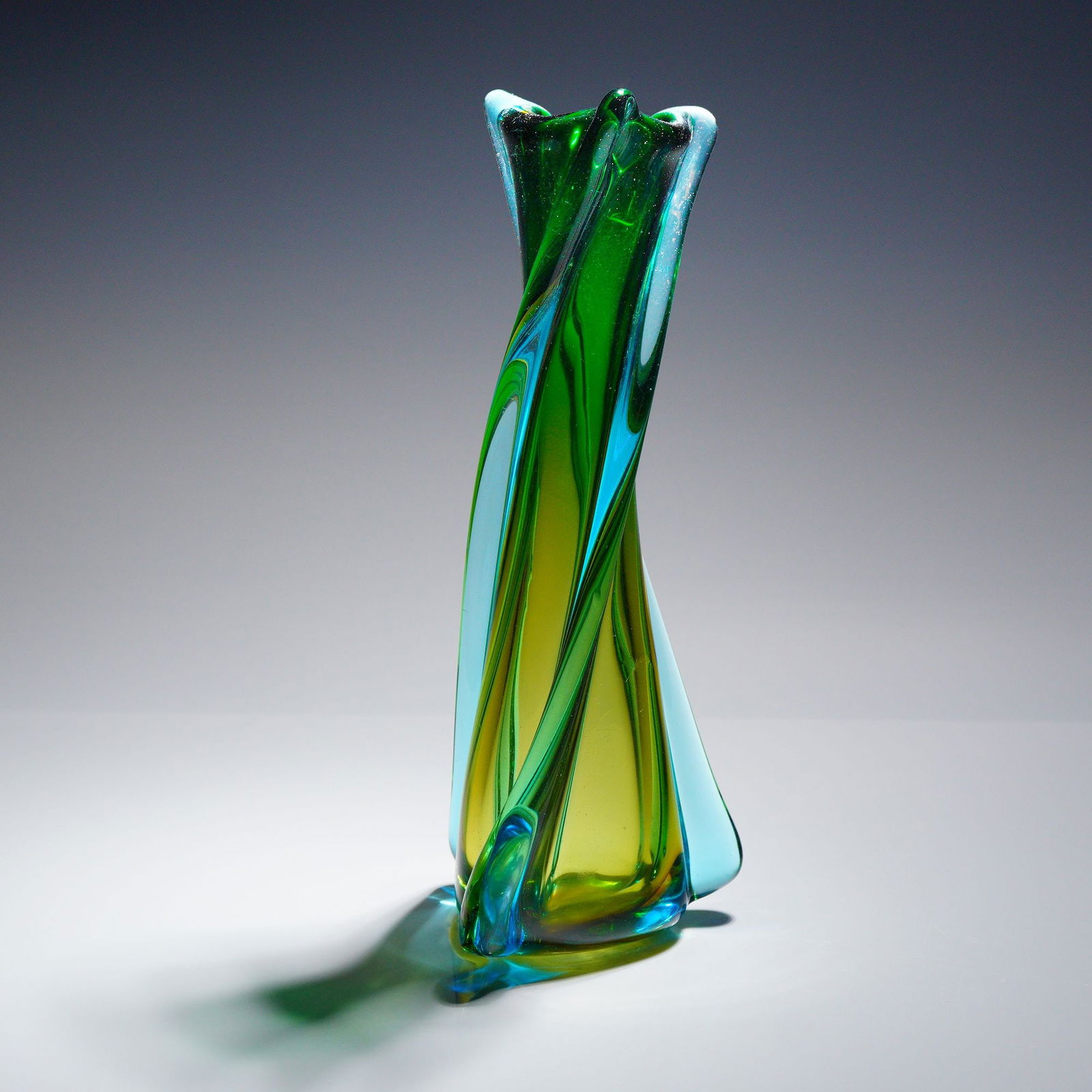 Mid-Century Style Art Glass Twisted Swung Vase, Green and Blue Sommerso (1 of 3)