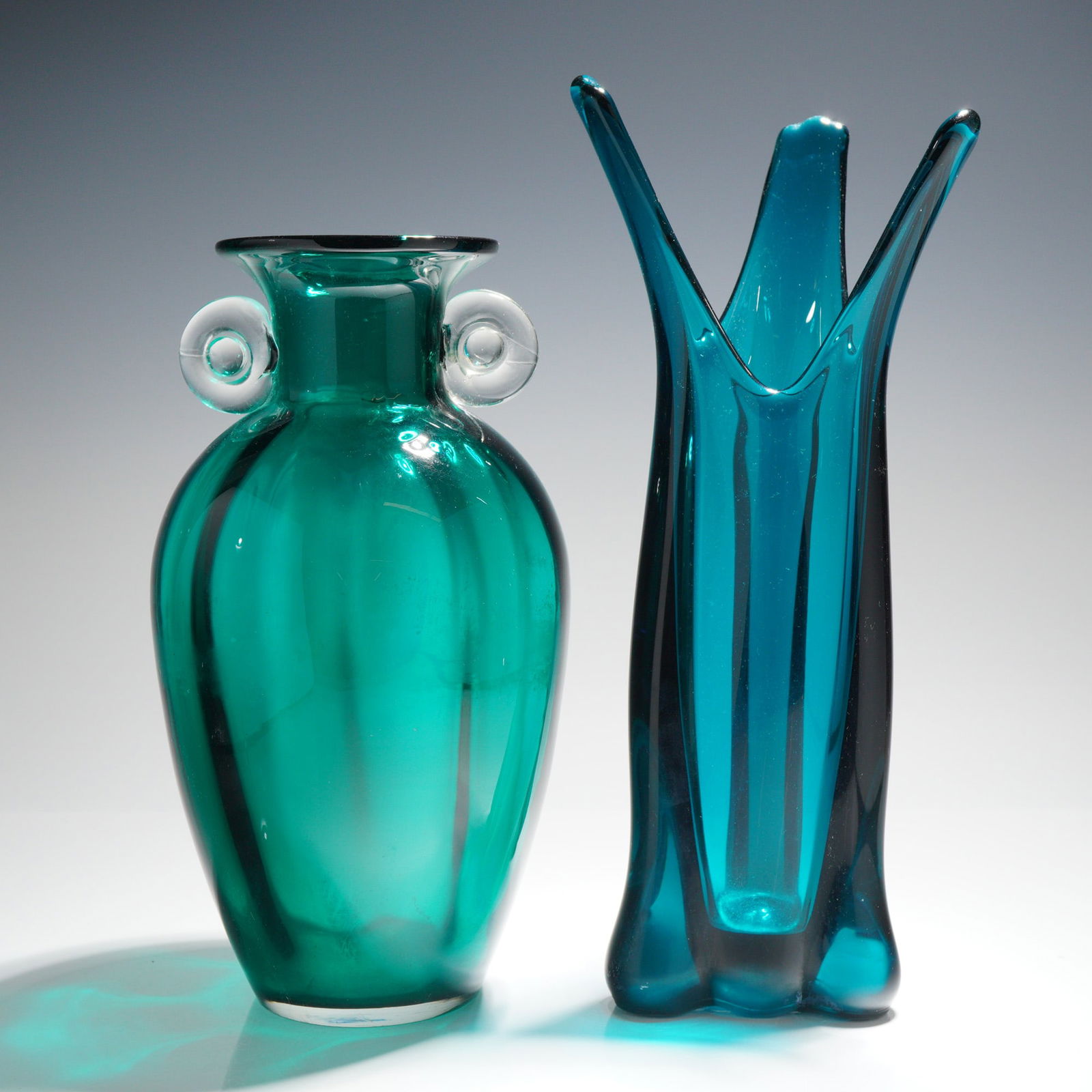 2pc Mid-Century Modern Hand Blown Viking Bluenique Blown Glass Vases (1 of 3)