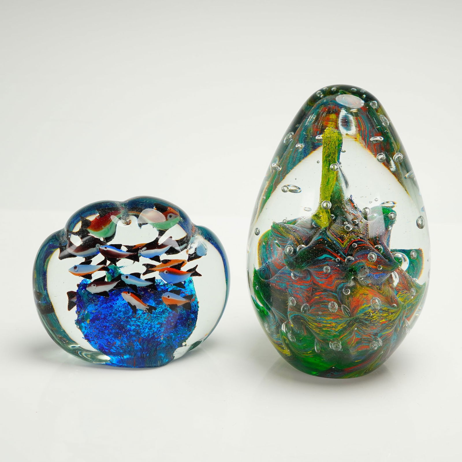 2pc Studio Art Glass Paperweights, Abstract Egg and Fish Aquarium (1 of 3)