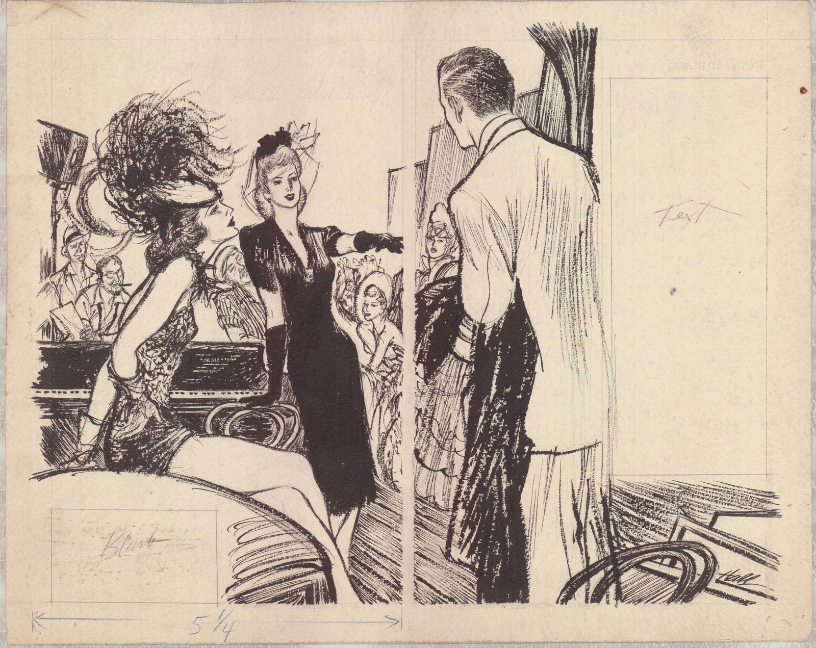 Wayne Hall American Original Illustration Story of the Lonely Treasure: A single narrative drawing by Wayne Hall executed in black ink, utilizing both brushwork and pen lines, on off-white illustration paper. The subject depicts a dramatic interior scene, likely a nightcl